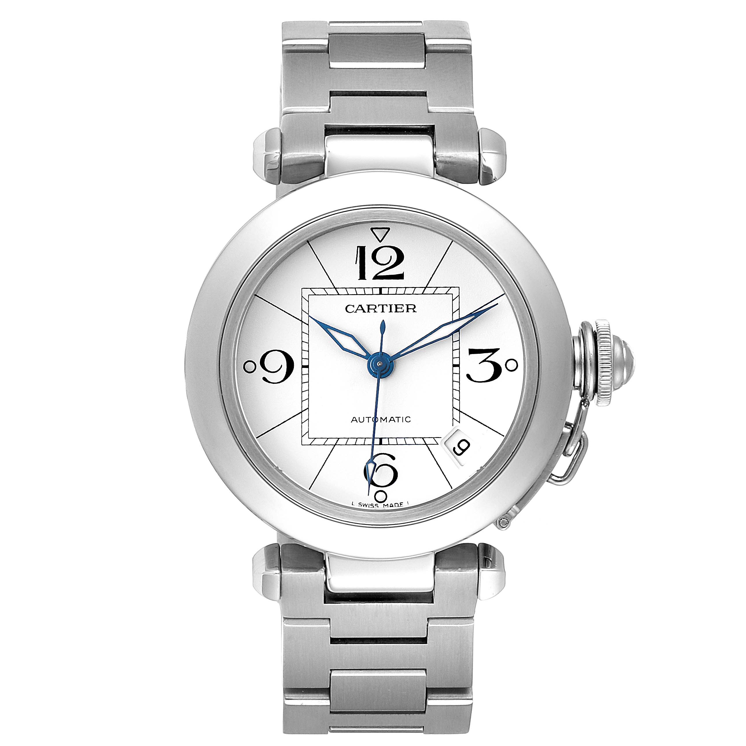The image shows a front view of the Cartier Pasha W31074M7 Men's Stainless Steel White Dial W31074M7 Men's Stainless Steel White Dial watch, highlighting the dial, case, and metal bracelet.