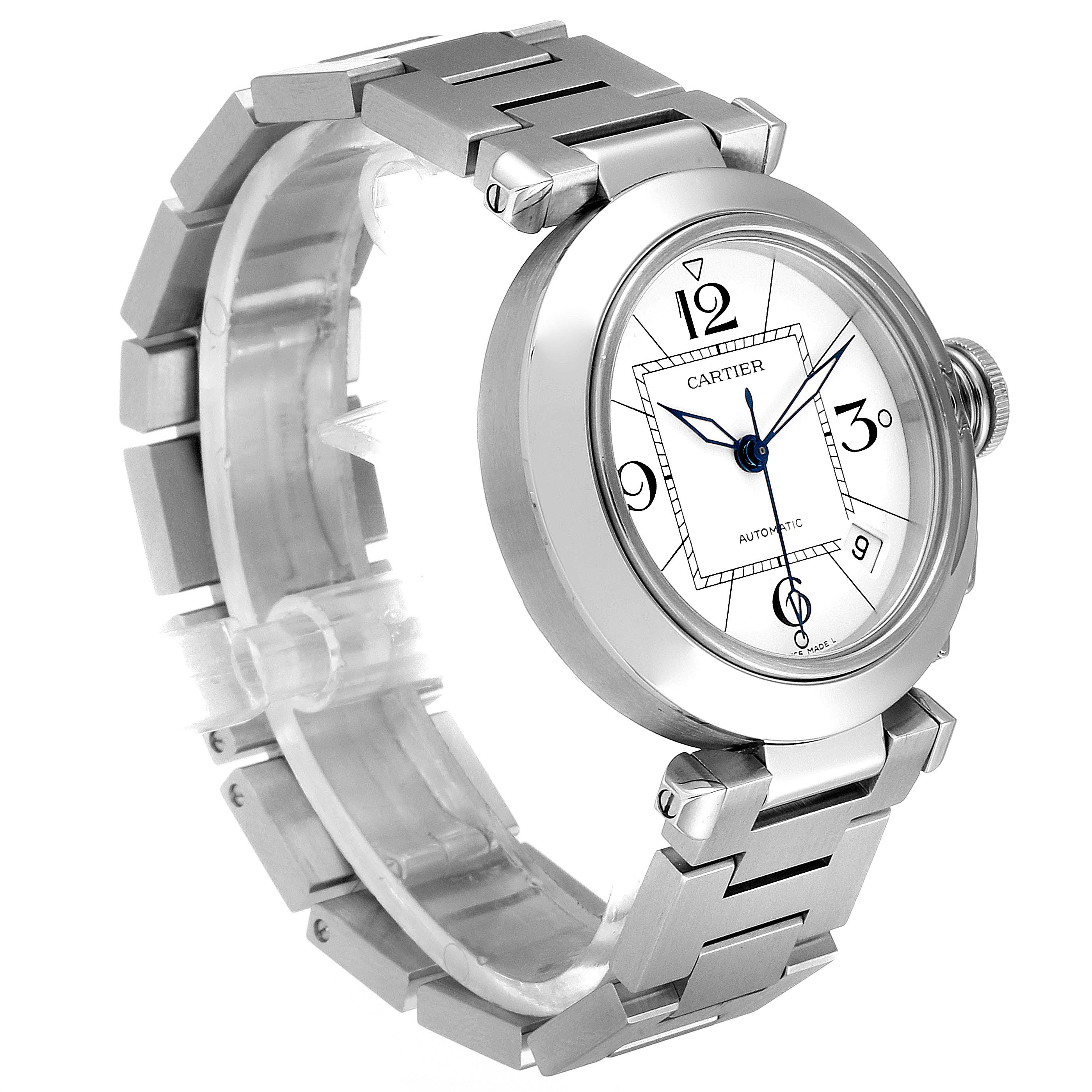 This image shows a side angle view of the Cartier Pasha W31074M7 Men's Stainless Steel White Dial W31074M7 Men's Stainless Steel White Dial watch, highlighting its bracelet, dial, and case.