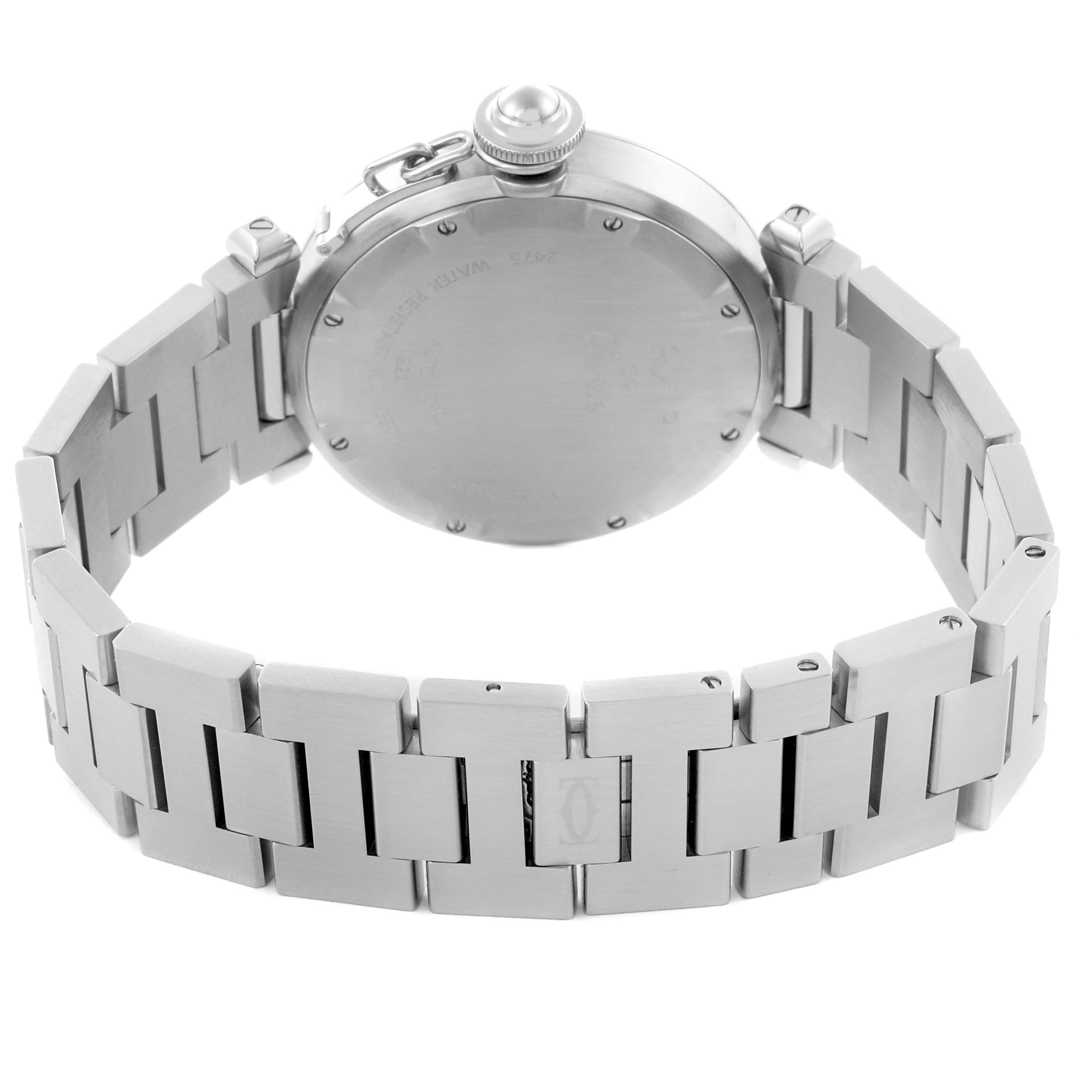 The image shows the back of the Cartier Pasha W31055M7 Men's Stainless Steel Silver Dial W31055M7 Men's Stainless Steel Silver Dial watch, highlighting the case back and metal bracelet.