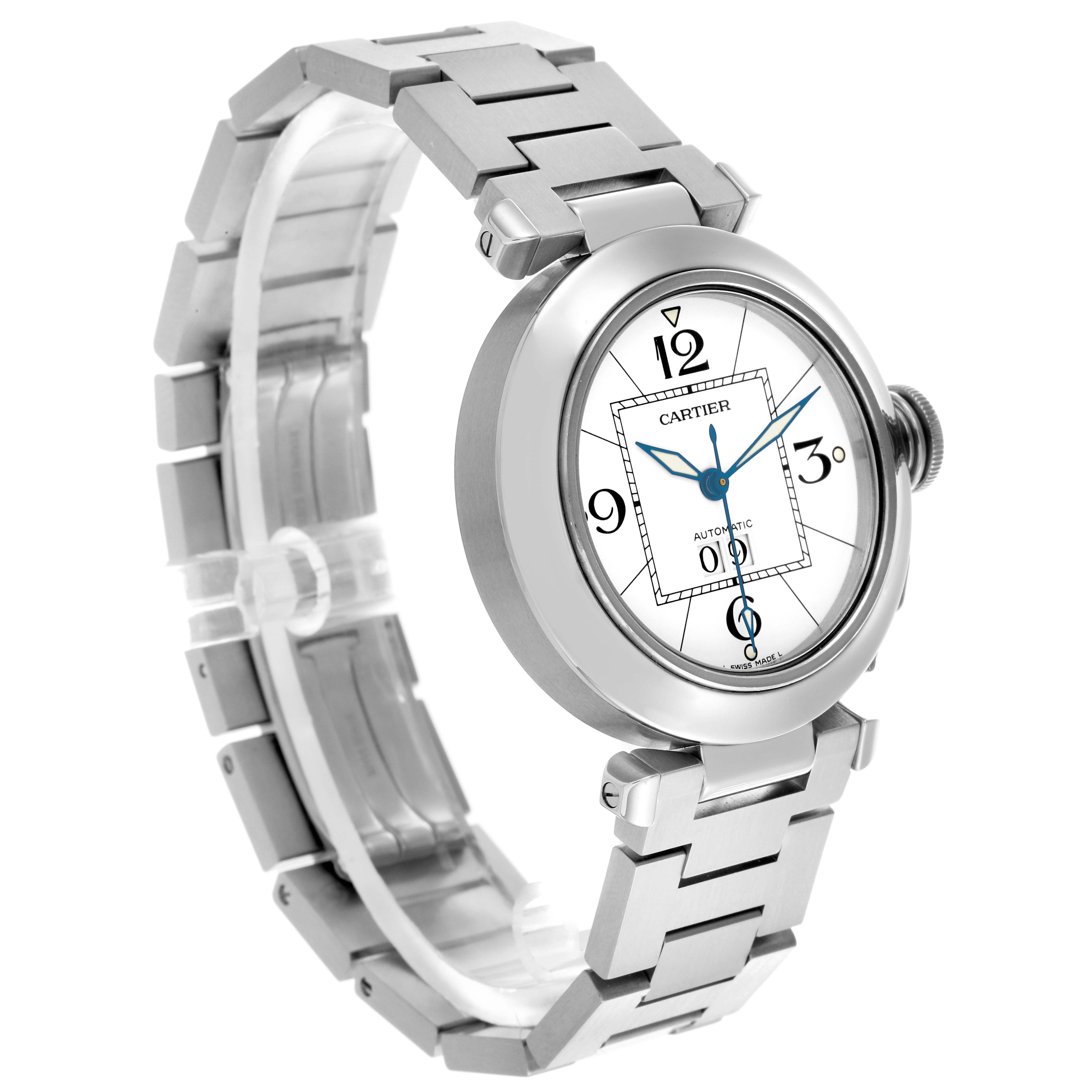 The Cartier Pasha W31055M7 Men's Stainless Steel Silver Dial W31055M7 Men's Stainless Steel Silver Dial watch is shown at a three-quarter angle, highlighting the dial, bezel, crown, and metal bracelet.