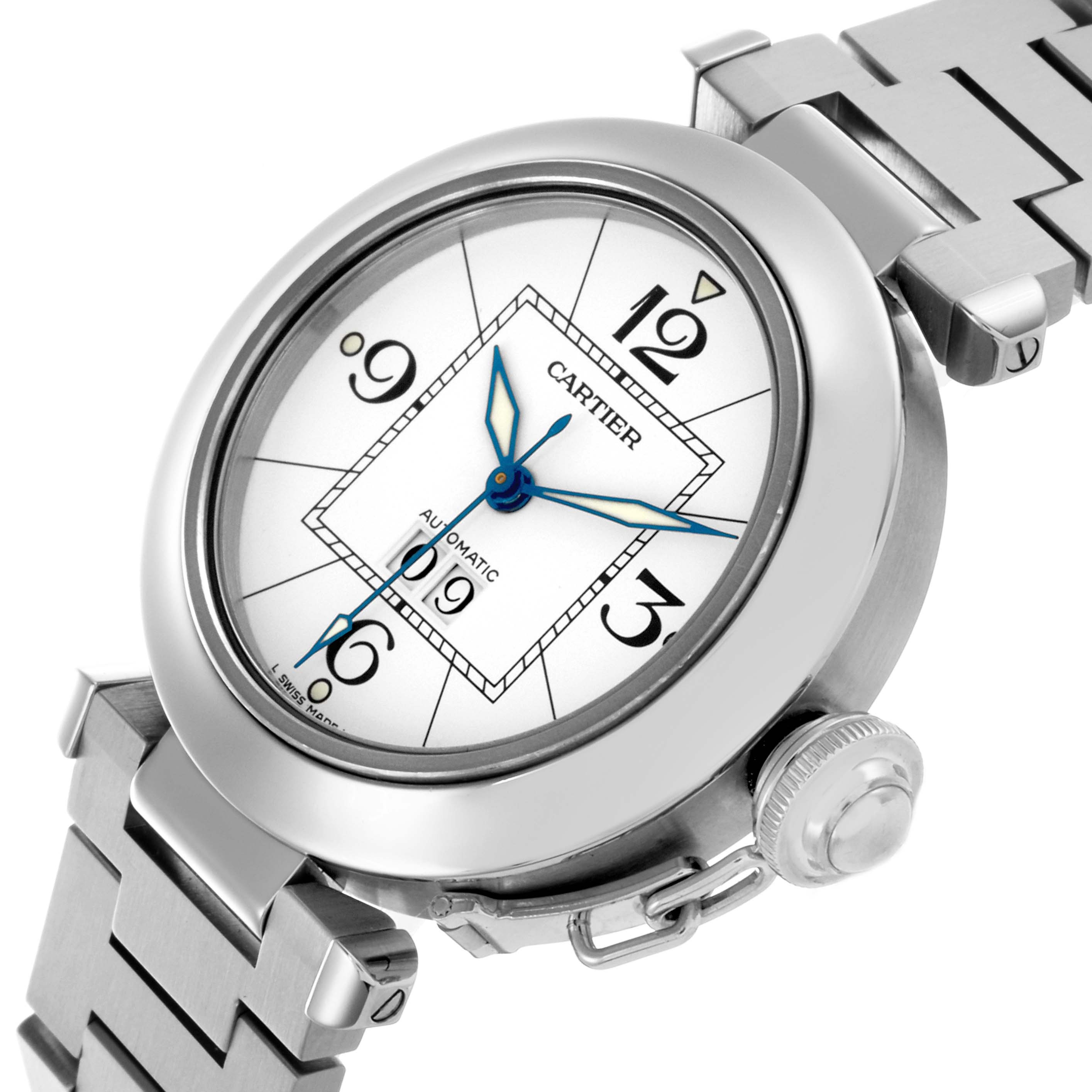 The Cartier Pasha W31055M7 Men's Stainless Steel Silver Dial W31055M7 Men's Stainless Steel Silver Dial watch is shown at an angle displaying the face, bracelet, and crown details.