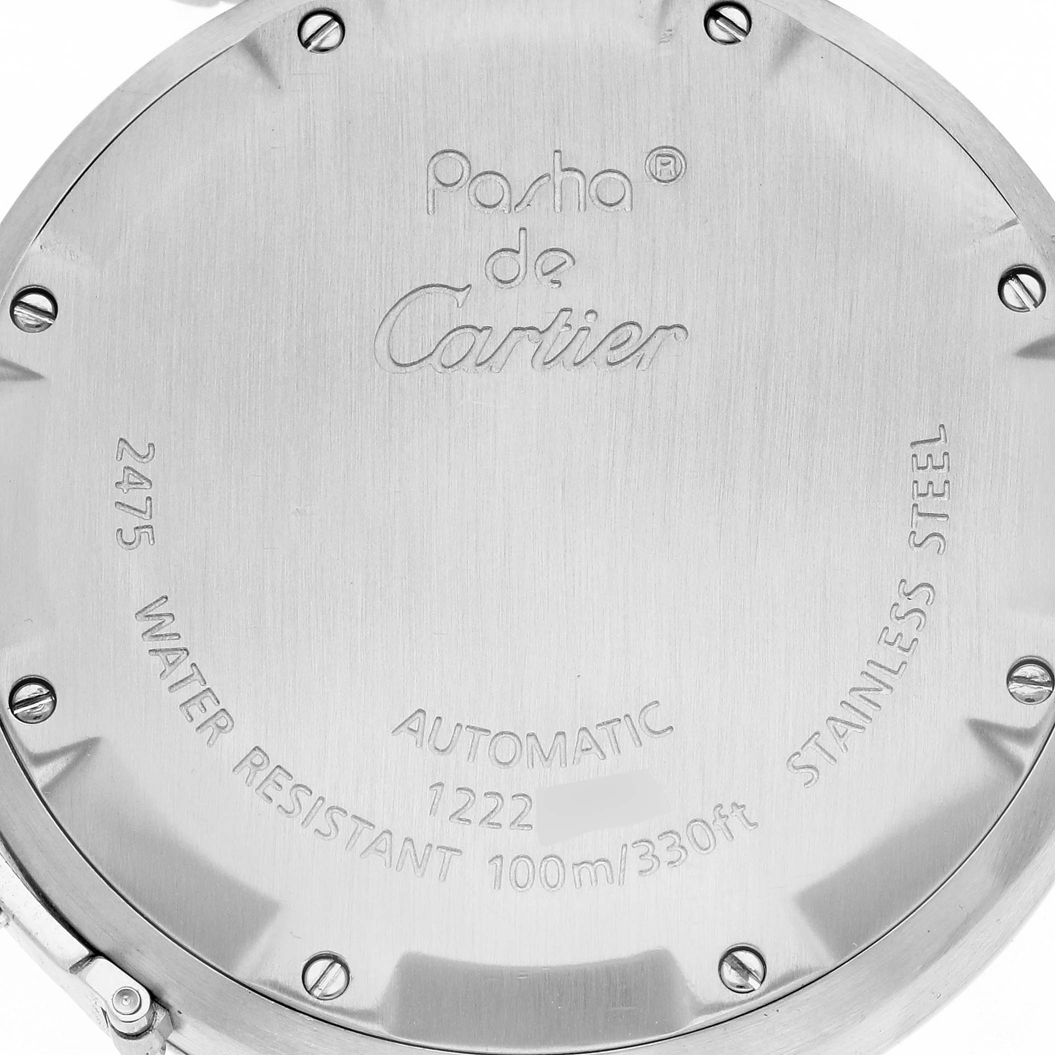 The image shows the back casing of the Cartier Pasha W31055M7 Men's Stainless Steel Silver Dial W31055M7 Men's Stainless Steel Silver Dial watch, displaying its specifications and brand engraving.