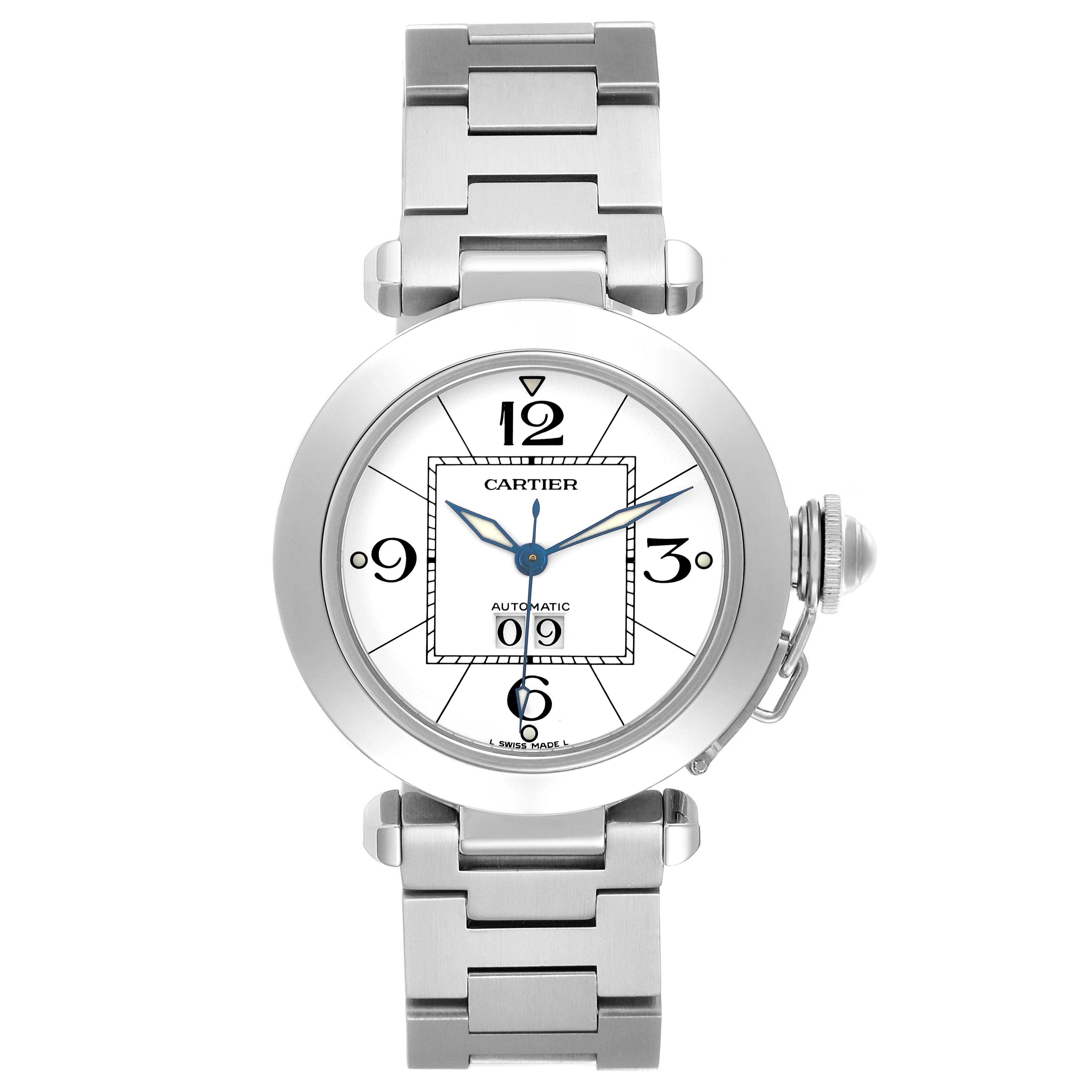 The Cartier Pasha W31055M7 Men's Stainless Steel Silver Dial W31055M7 Men's Stainless Steel Silver Dial watch is shown from a front angle, displaying the face, numerals, hands, and metal bracelet.