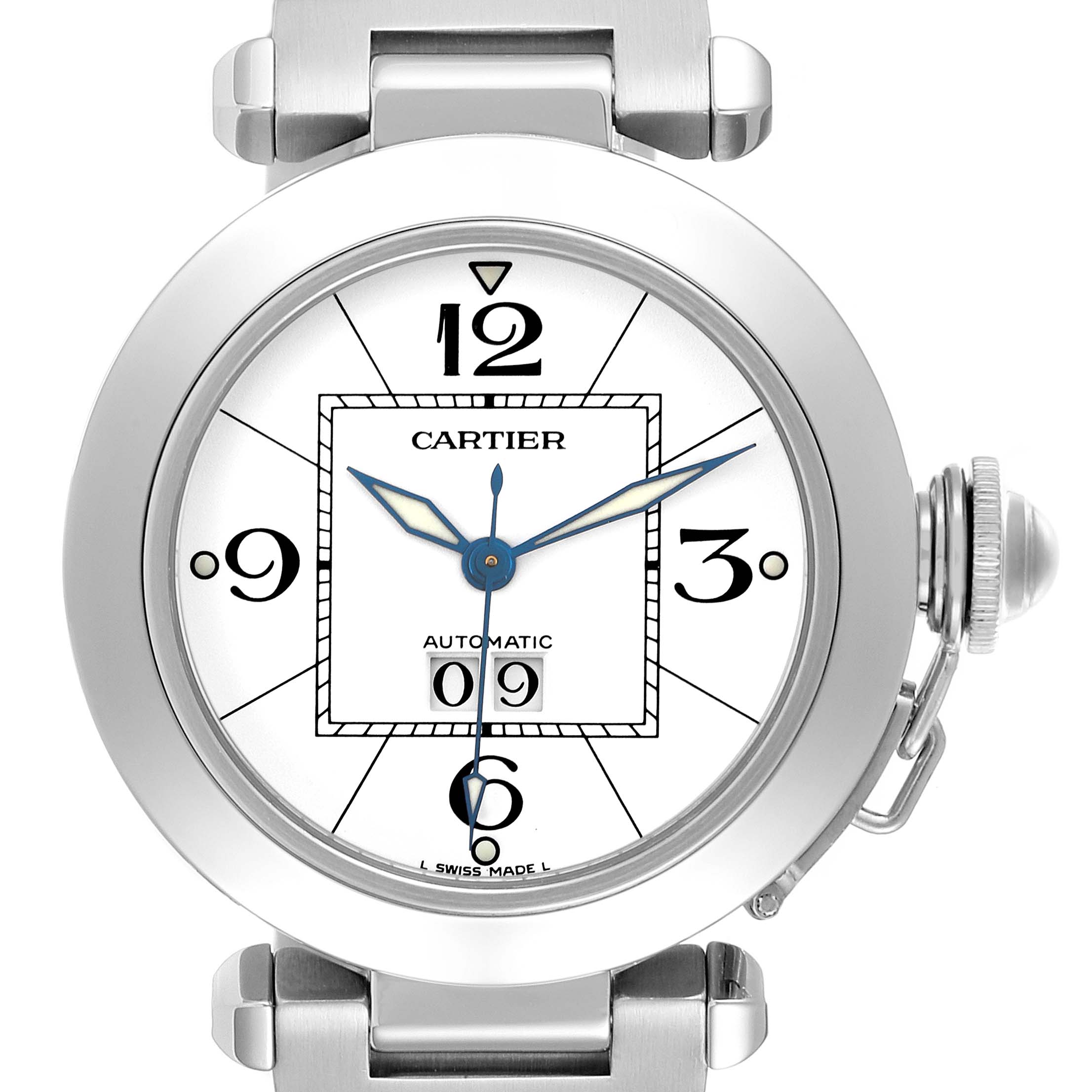 The Cartier Pasha W31055M7 Men's Stainless Steel Silver Dial W31055M7 Men's Stainless Steel Silver Dial watch is shown from a front angle, highlighting its face, bezel, lugs, and crown cover.