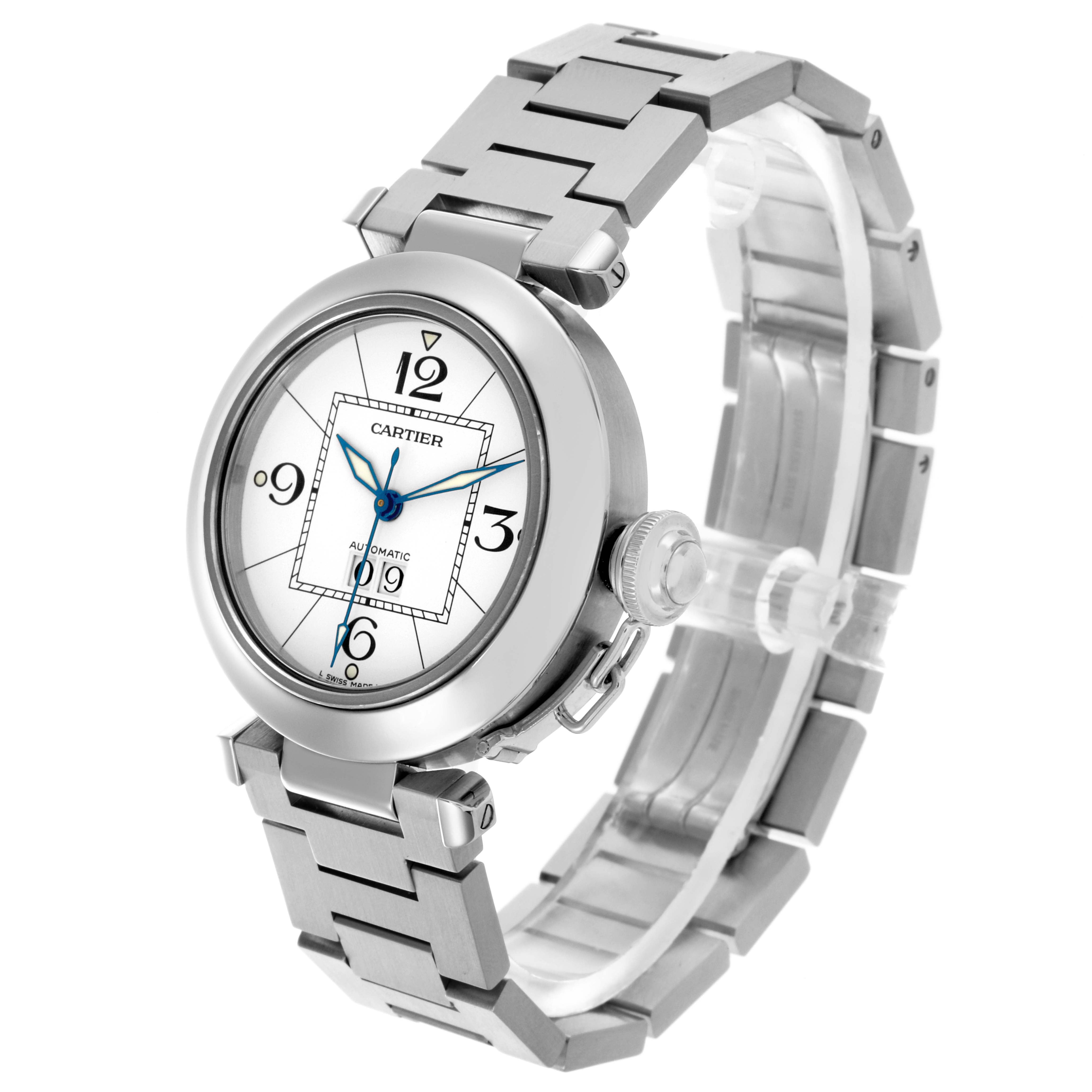 The Cartier Pasha W31055M7 Men's Stainless Steel Silver Dial W31055M7 Men's Stainless Steel Silver Dial watch is shown from a three-quarter angle, highlighting the case, bezel, dial, and metal bracelet.