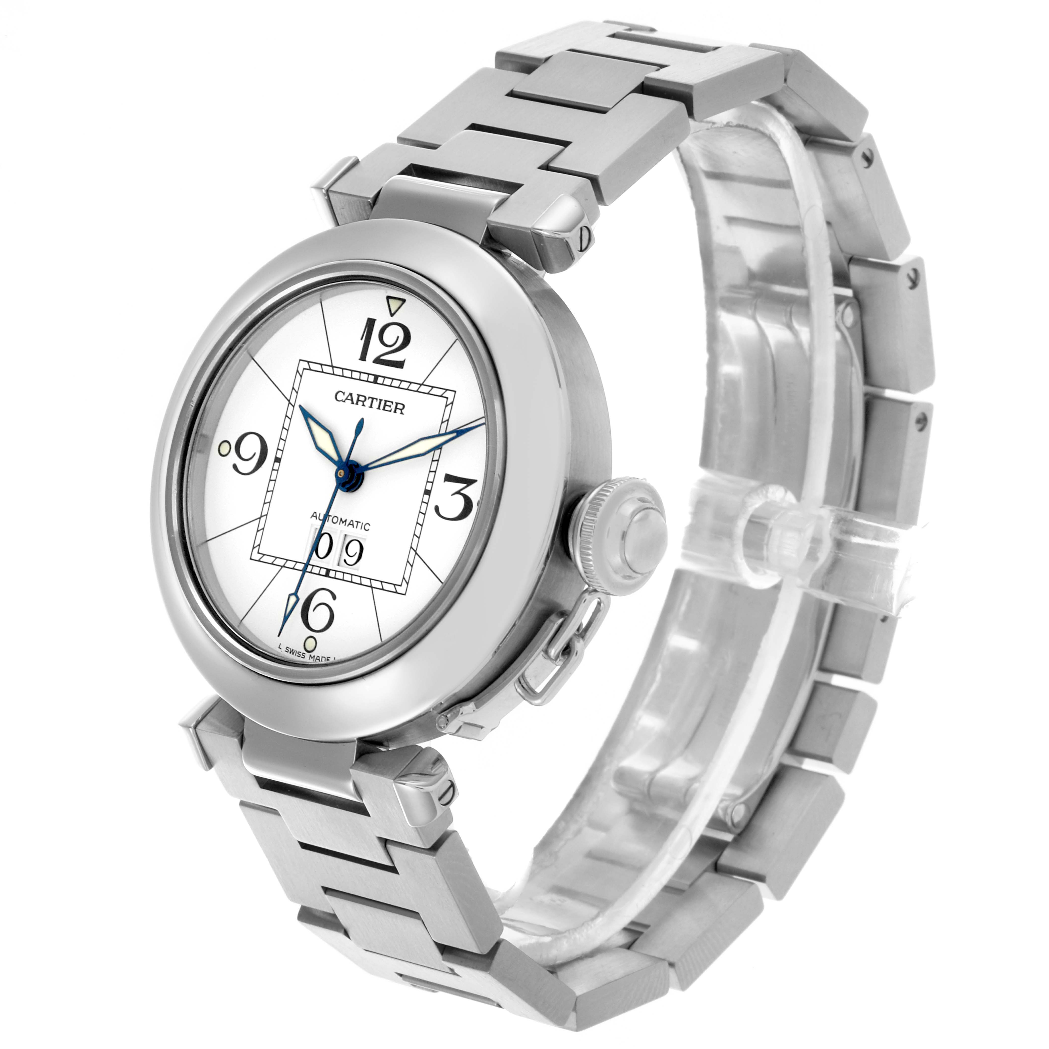 The Cartier Pasha W31055M7 Men's Stainless Steel Silver Dial W31055M7 Men's Stainless Steel Silver Dial watch is shown at a 3/4 angle, highlighting the face, bezel, crown, and bracelet.