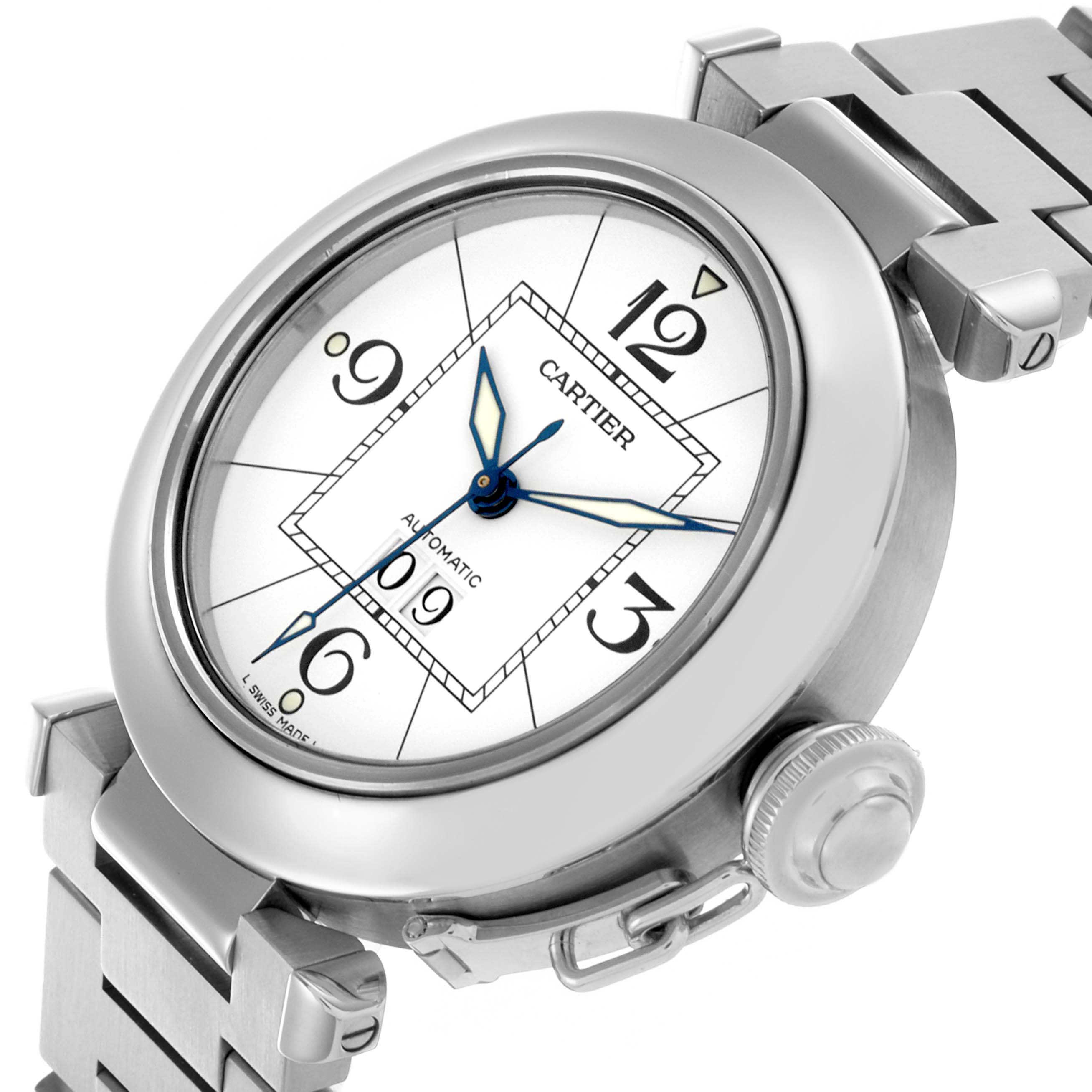 The Cartier Pasha W31055M7 Men's Stainless Steel Silver Dial W31055M7 Men's Stainless Steel Silver Dial watch is shown from a top-facing angle, highlighting the dial, bezel, lugs, and part of the bracelet.