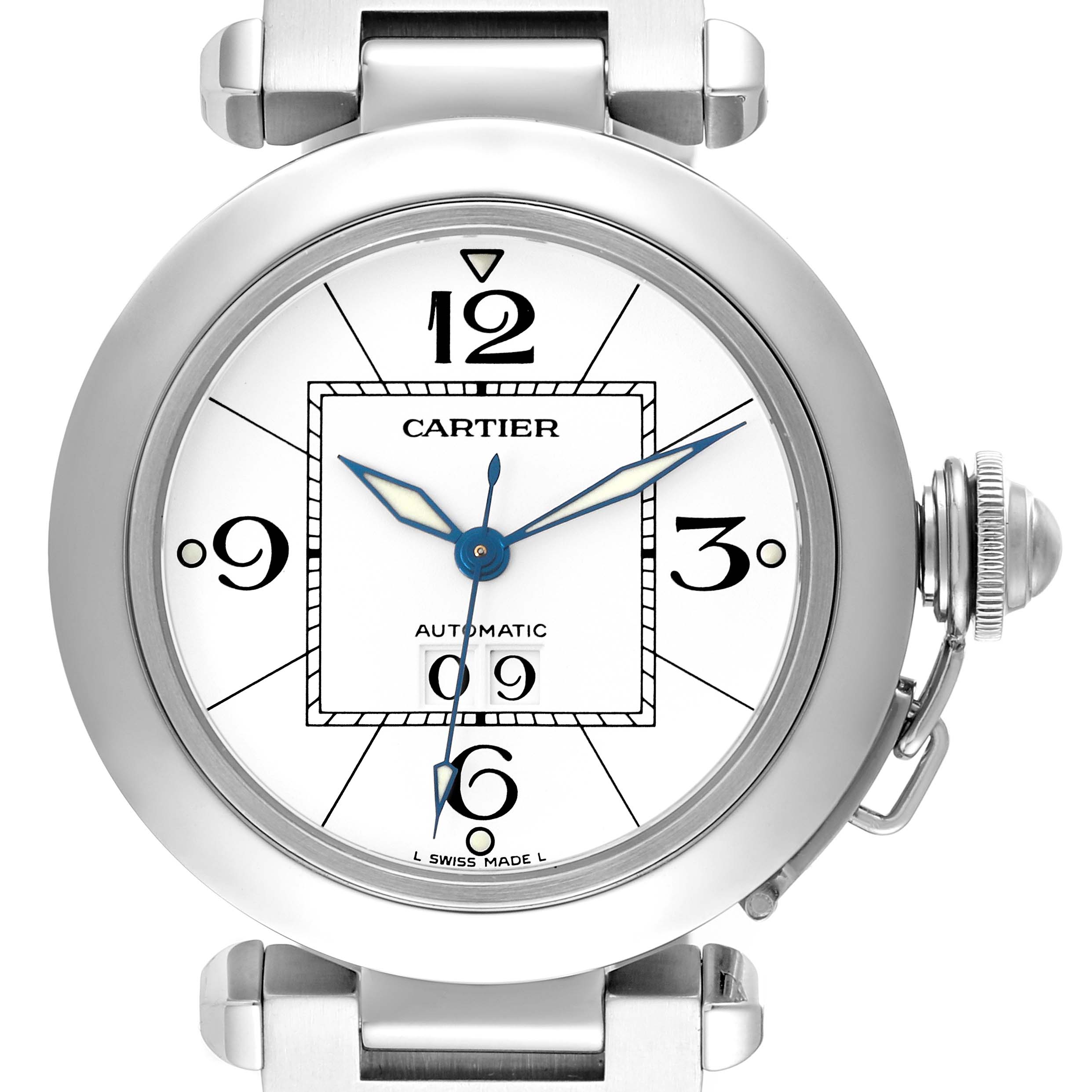 The Cartier Pasha W31055M7 Men's Stainless Steel Silver Dial W31055M7 Men's Stainless Steel Silver Dial watch is shown from a front angle, highlighting the dial, hands, crown, and case.