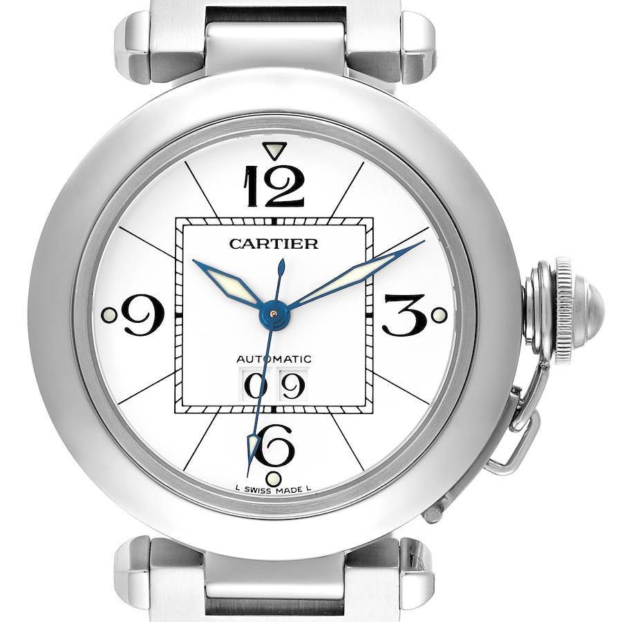 The Cartier Pasha watch is shown from a front angle, highlighting the dial, hands, crown, and case.