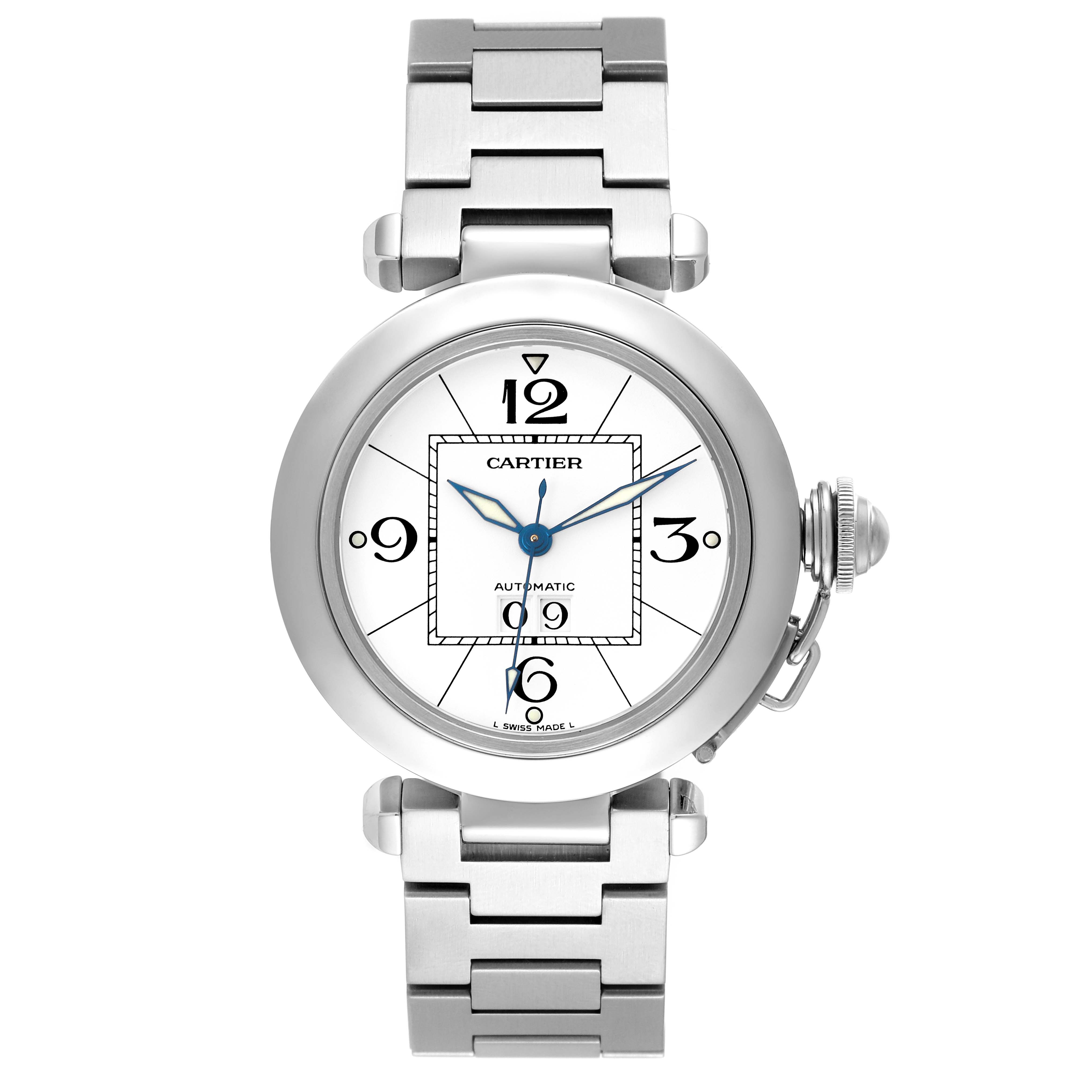 The Cartier Pasha W31055M7 Men's Stainless Steel Silver Dial W31055M7 Men's Stainless Steel Silver Dial watch is shown from a straight-on angle, displaying its face, bezel, crown, and metal bracelet.