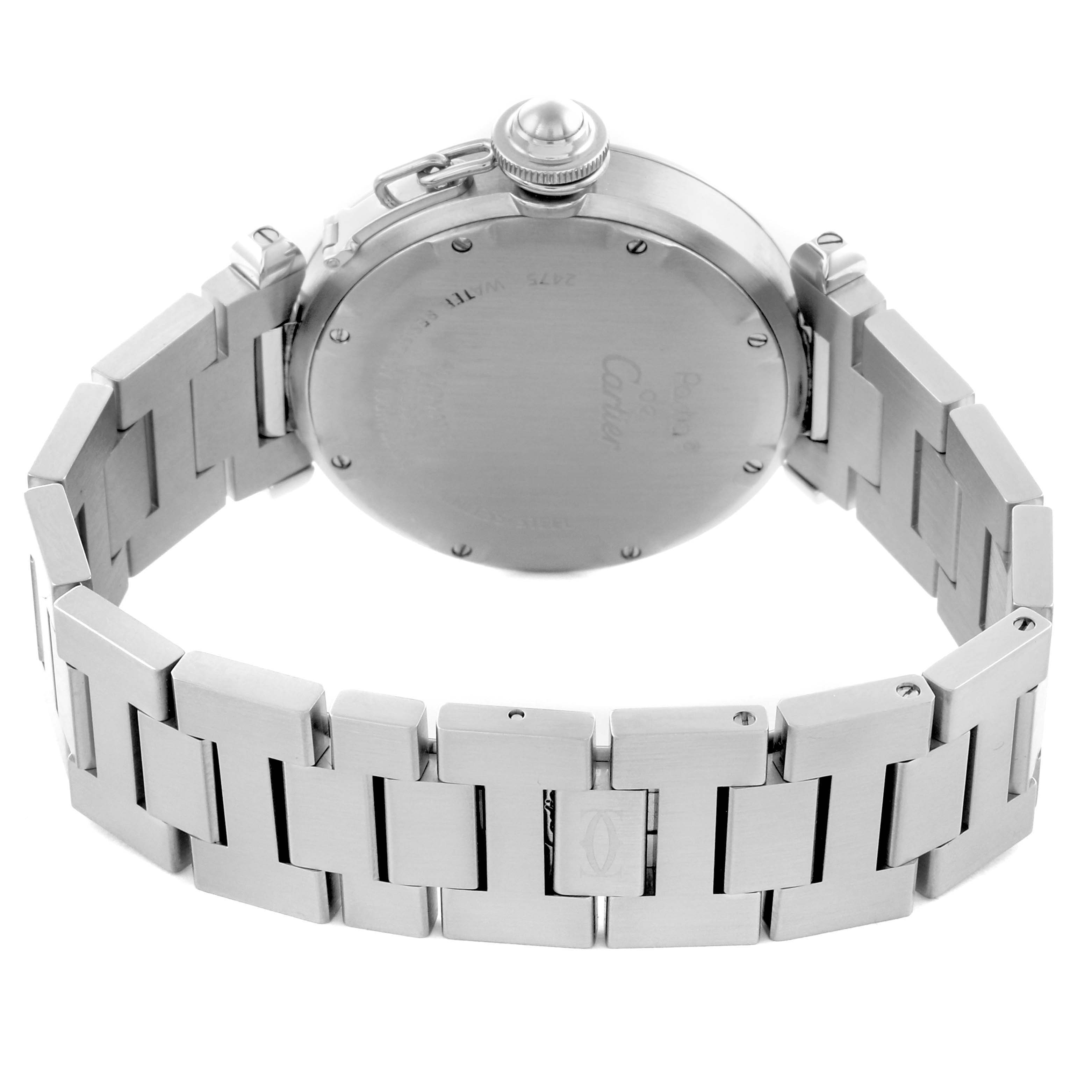 The image shows the back of the Cartier Pasha W31055M7 Men's Stainless Steel Silver Dial W31055M7 Men's Stainless Steel Silver Dial watch, highlighting its clasp and bracelet design.
