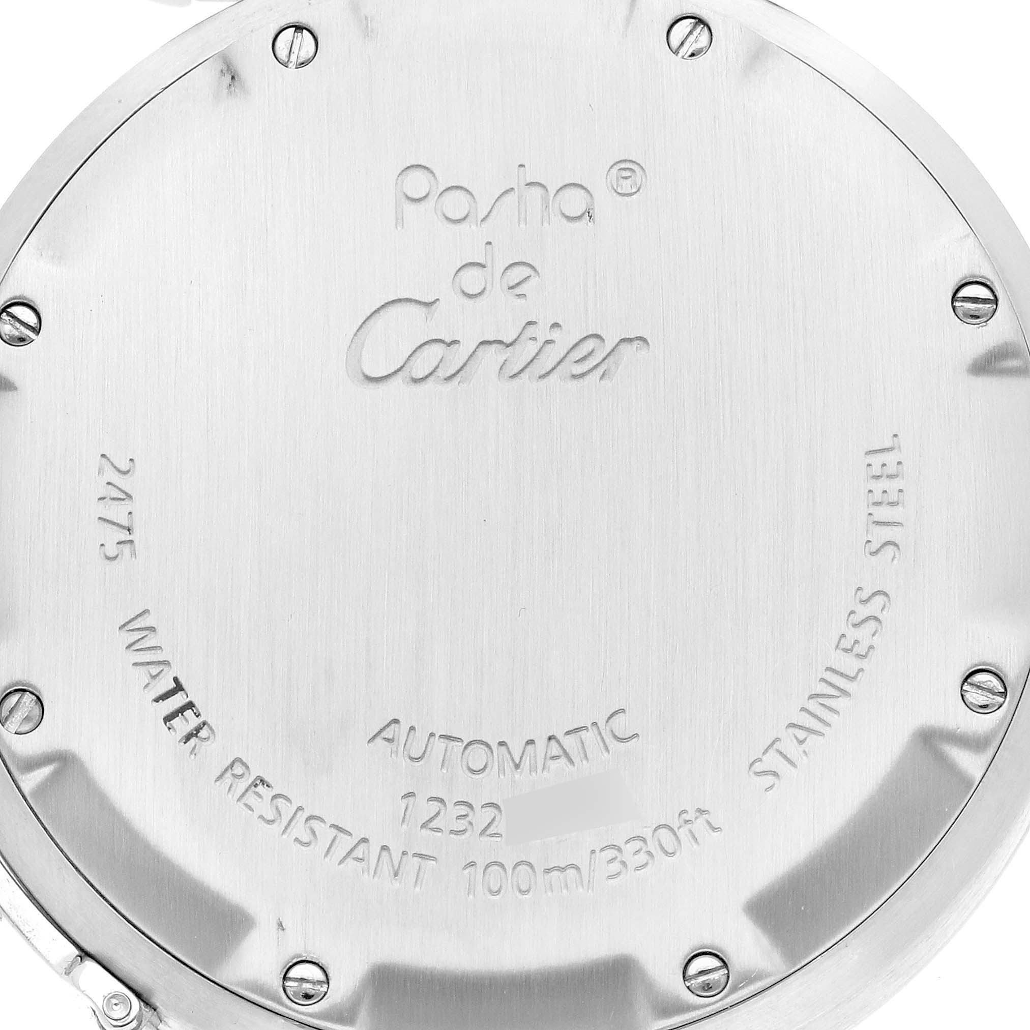 The image shows the back case of a Cartier Pasha W31055M7 Men's Stainless Steel Silver Dial W31055M7 Men's Stainless Steel Silver Dial watch, highlighting engravings and screw details.