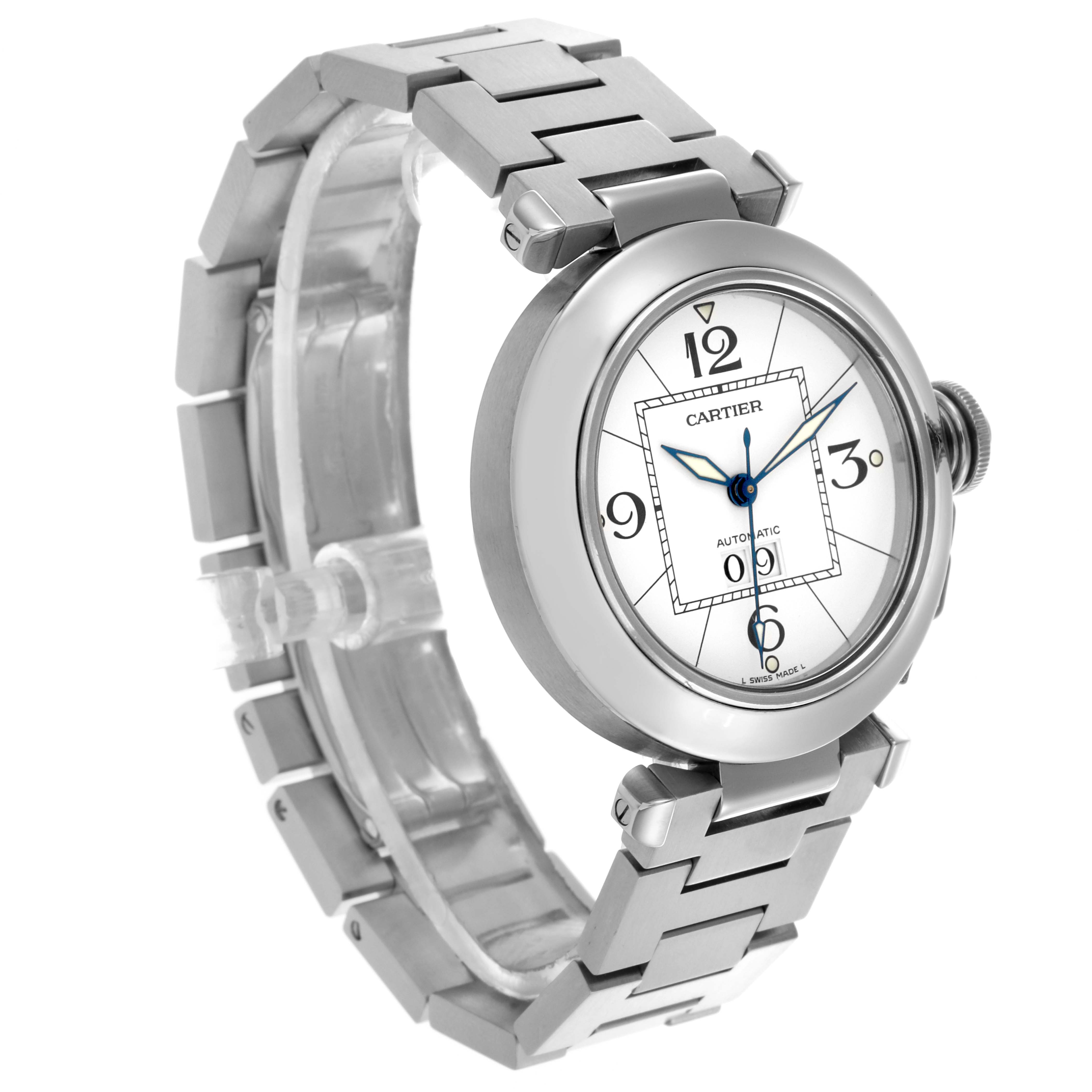 The Cartier Pasha W31055M7 Men's Stainless Steel Silver Dial W31055M7 Men's Stainless Steel Silver Dial model is shown at a three-quarter angle, highlighting the face, bezel, crown, and metal bracelet.