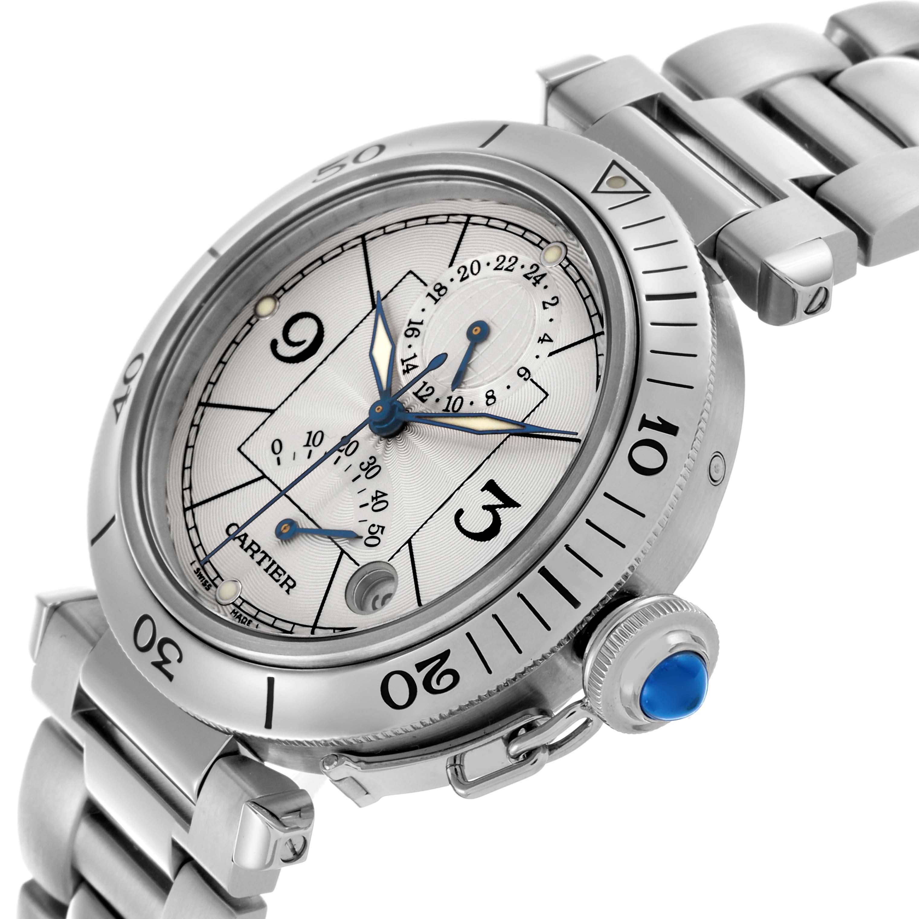 The Cartier Pasha W31037H3 Men's Stainless Steel Silver Dial W31037H3 Men's Stainless Steel Silver Dial watch is shown from a close-up angle, highlighting the bezel, dial, crown, and metal bracelet.