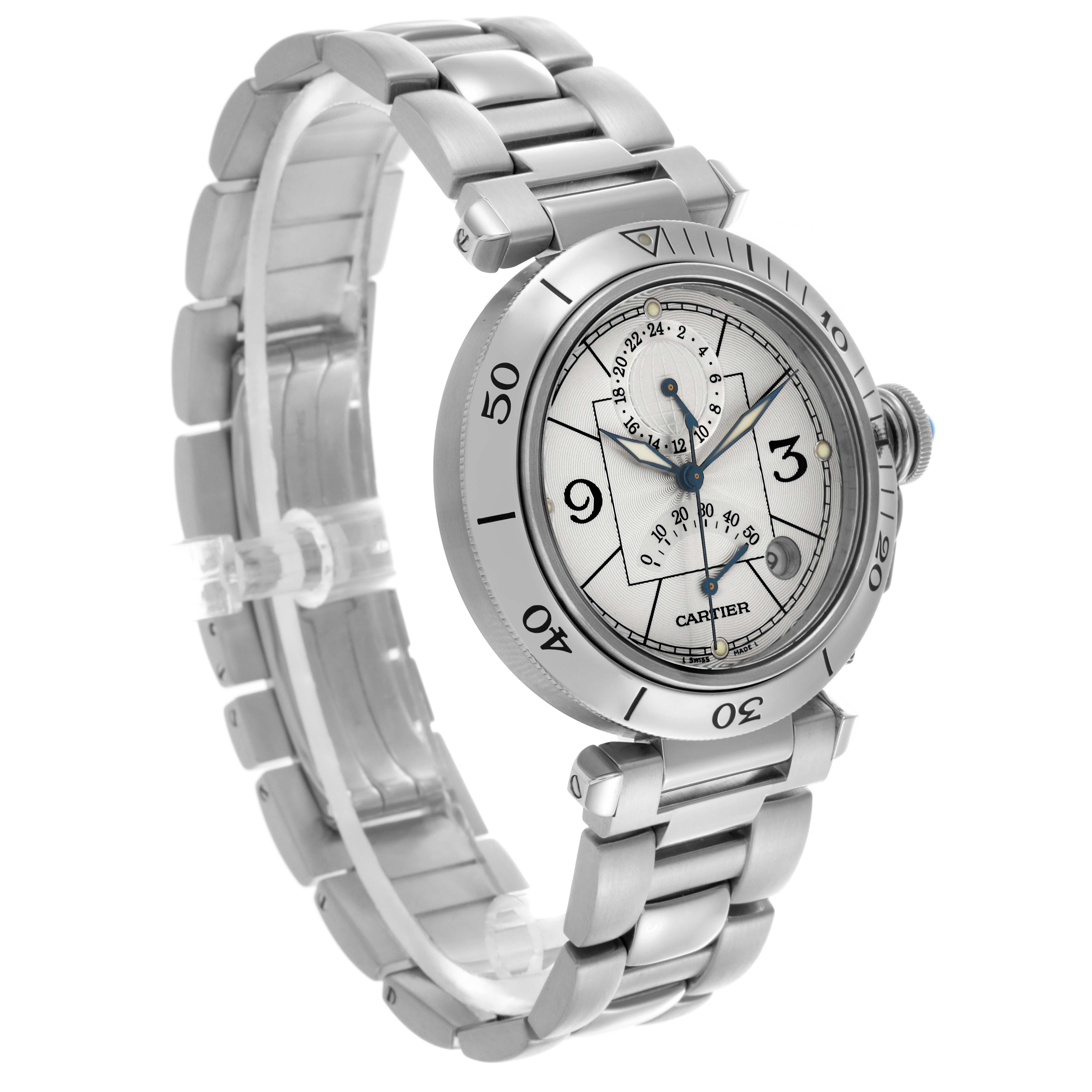 The Cartier Pasha W31037H3 Men's Stainless Steel Silver Dial W31037H3 Men's Stainless Steel Silver Dial watch is shown at a slight angle, highlighting the dial, bezel, crown, and metal bracelet.