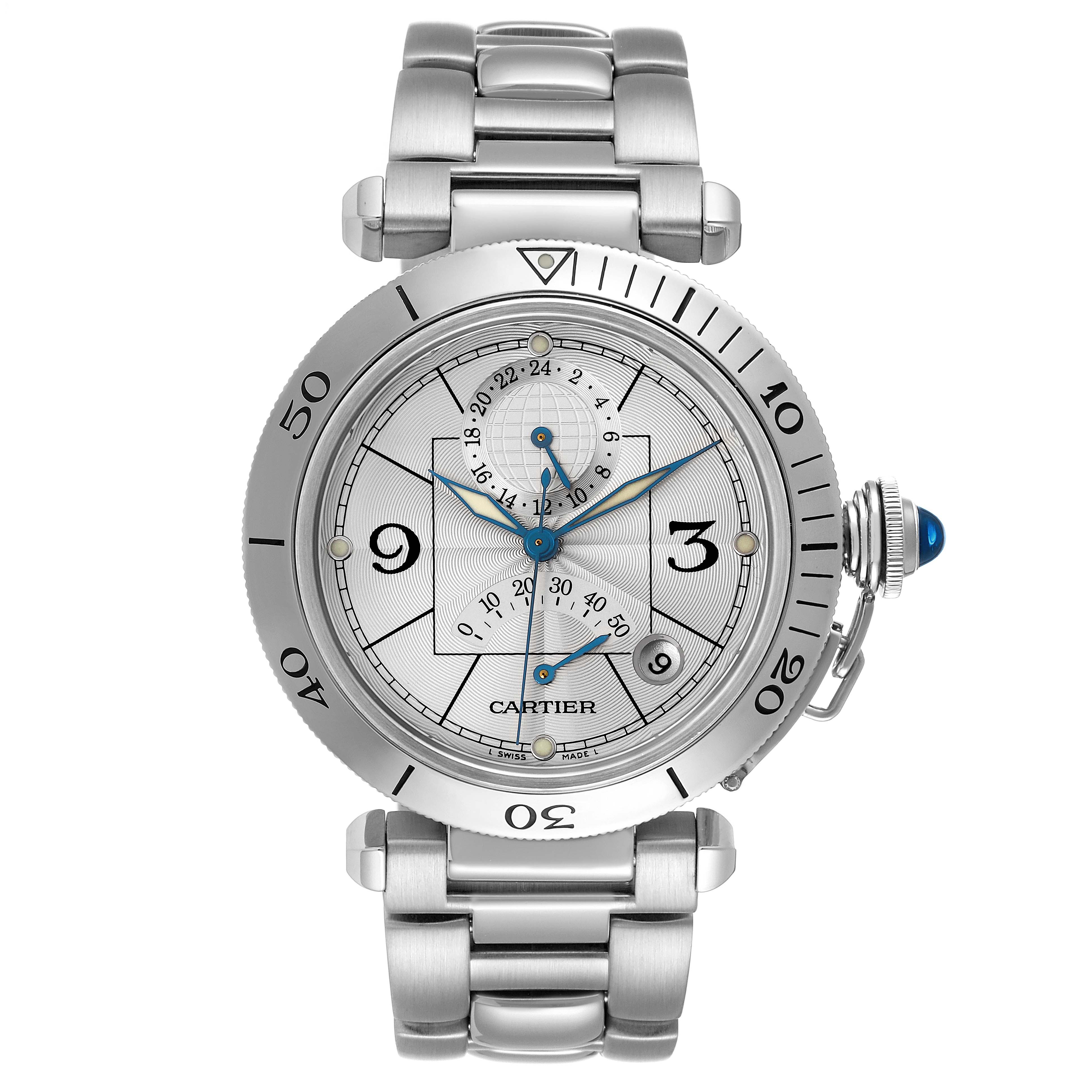 The Cartier Pasha W31037H3 Men's Stainless Steel Silver Dial W31037H3 Men's Stainless Steel Silver Dial watch is shown from a front angle, highlighting its silver dial, bezel, and bracelet.