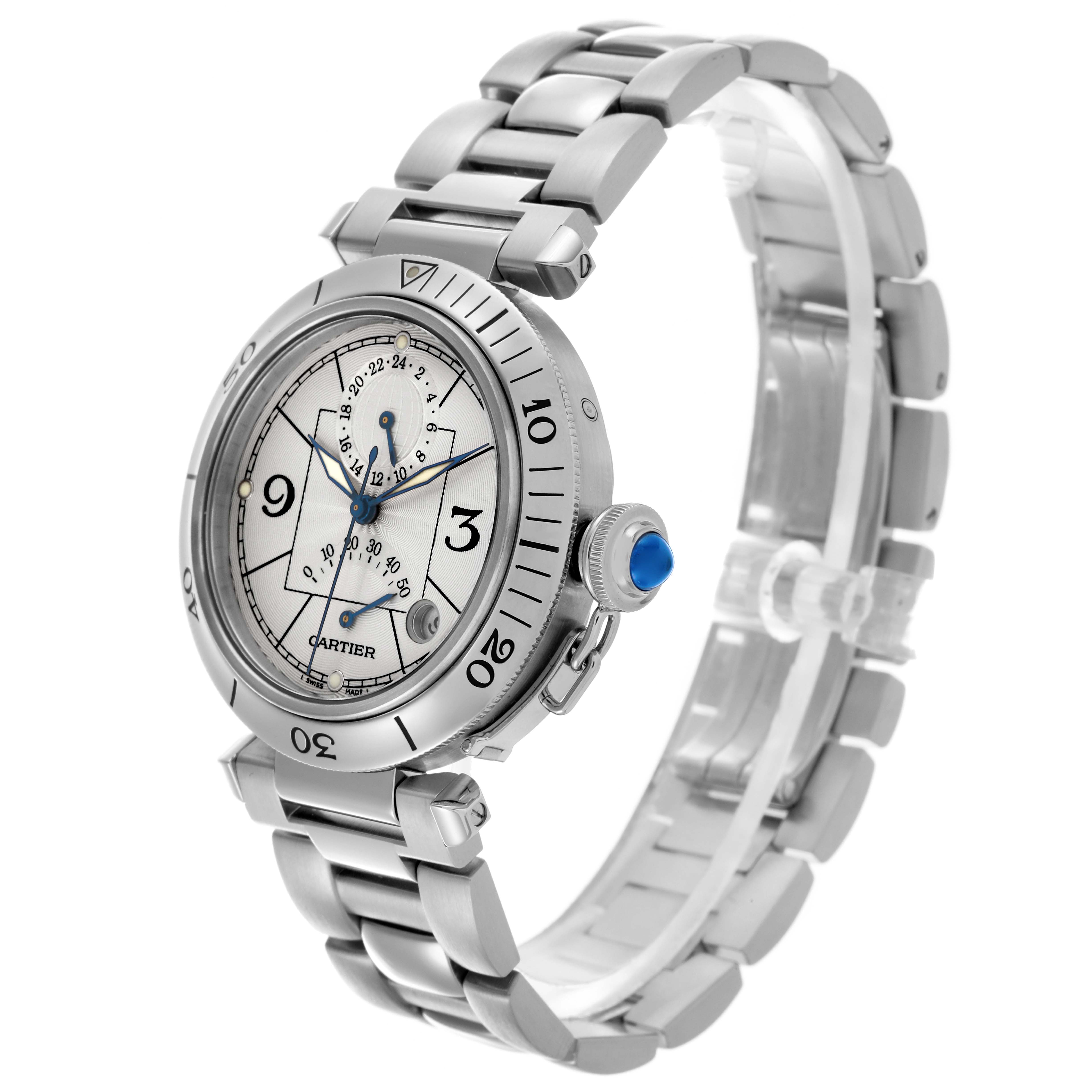 The Cartier Pasha W31037H3 Men's Stainless Steel Silver Dial W31037H3 Men's Stainless Steel Silver Dial watch is shown at a three-quarter angle, highlighting the face, bezel, crown, and bracelet.