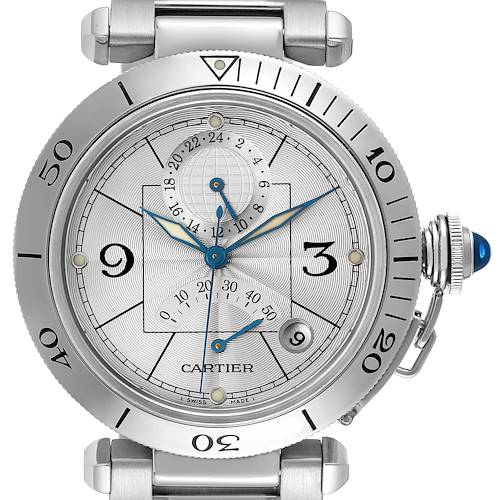 The Cartier Pasha watch is shown front-facing, highlighting its bezel, dial, blue hands, and crown guard.