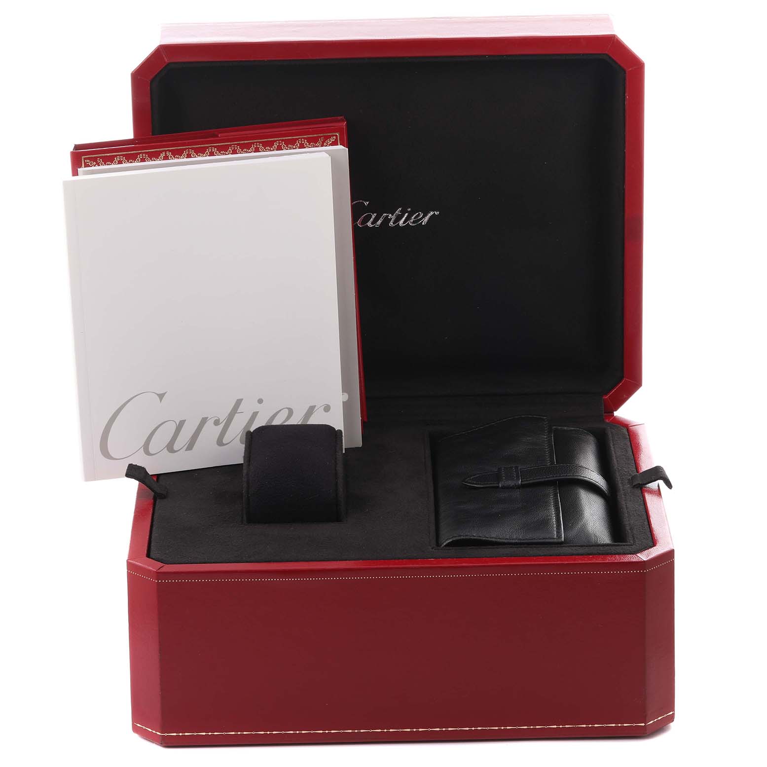 The image shows a Cartier Roadster W62021Y3 Men's Yellow Gold Silver Dial W62021Y3 Men's Yellow Gold Silver Dial watch box, manuals, and a pouch from a front angle.