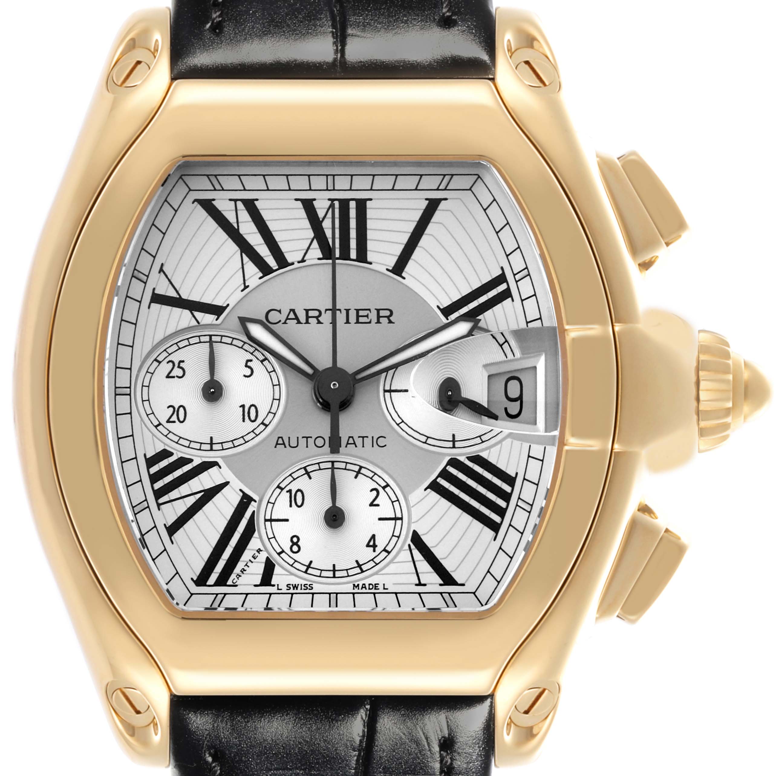 The Cartier Roadster W62021Y3 Men's Yellow Gold Silver Dial W62021Y3 Men's Yellow Gold Silver Dial watch is shown from a front angle, highlighting the face, case, crown, and subdials.