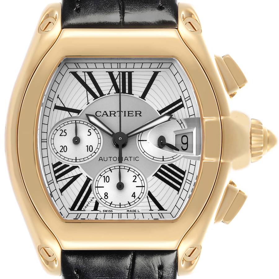 The Cartier Roadster watch is shown from a front angle, highlighting the face, case, crown, and subdials.