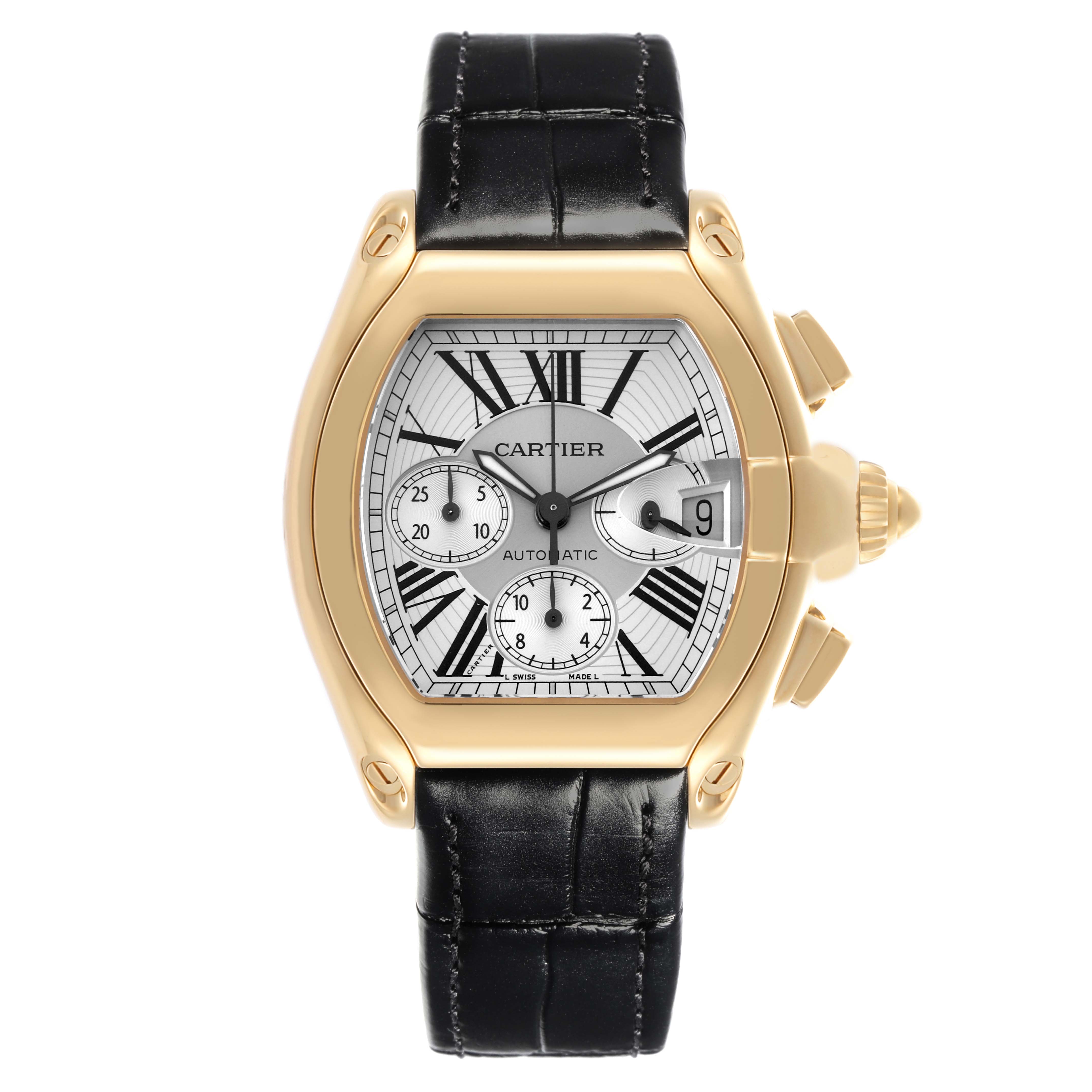 The Cartier Roadster W62021Y3 Men's Yellow Gold Silver Dial W62021Y3 Men's Yellow Gold Silver Dial watch is shown from a front angle, highlighting its gold case, Roman numerals, chronograph, and black leather strap.