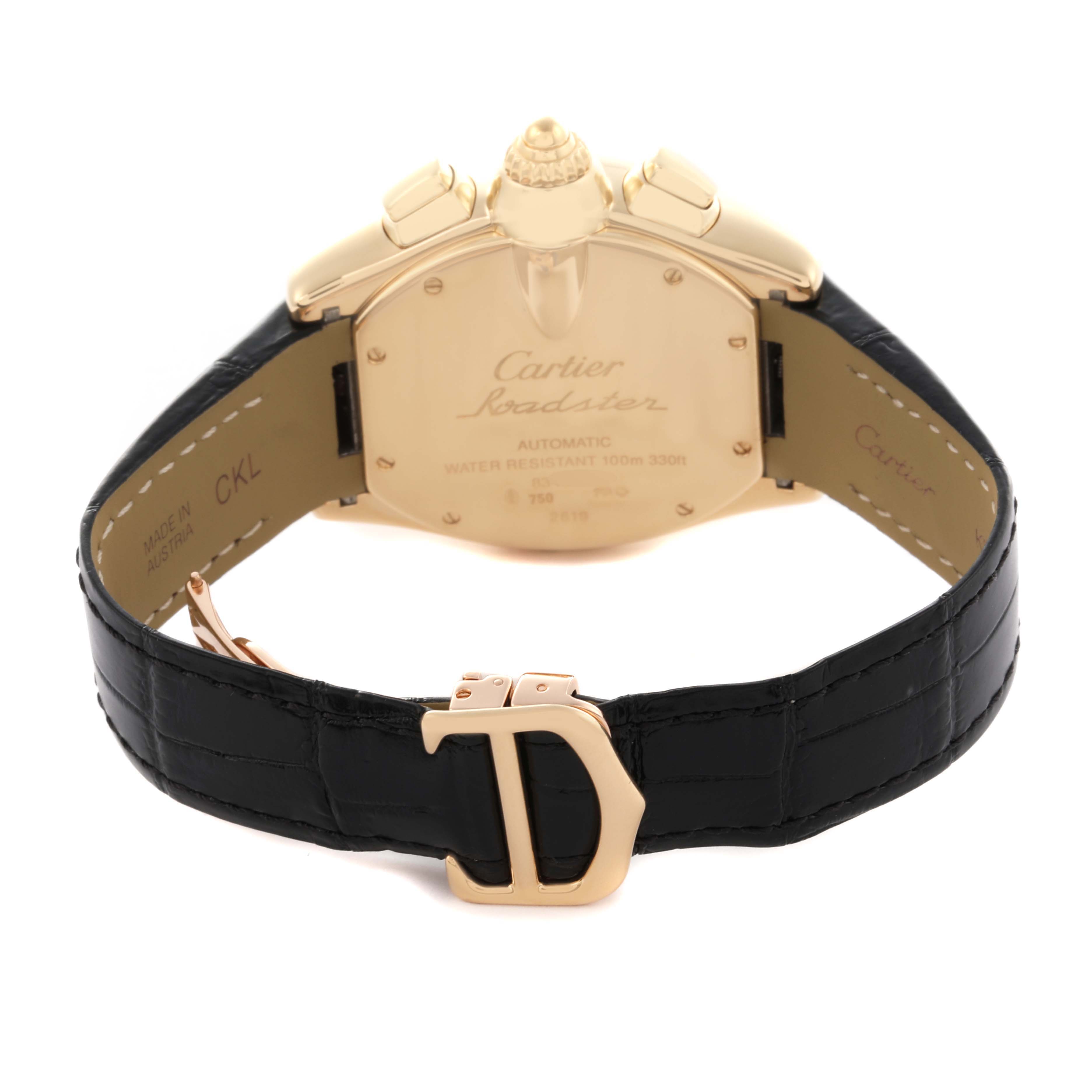 The image shows the back of a Cartier Roadster W62021Y3 Men's Yellow Gold Silver Dial W62021Y3 Men's Yellow Gold Silver Dial watch, highlighting the clasp, strap, and case back.