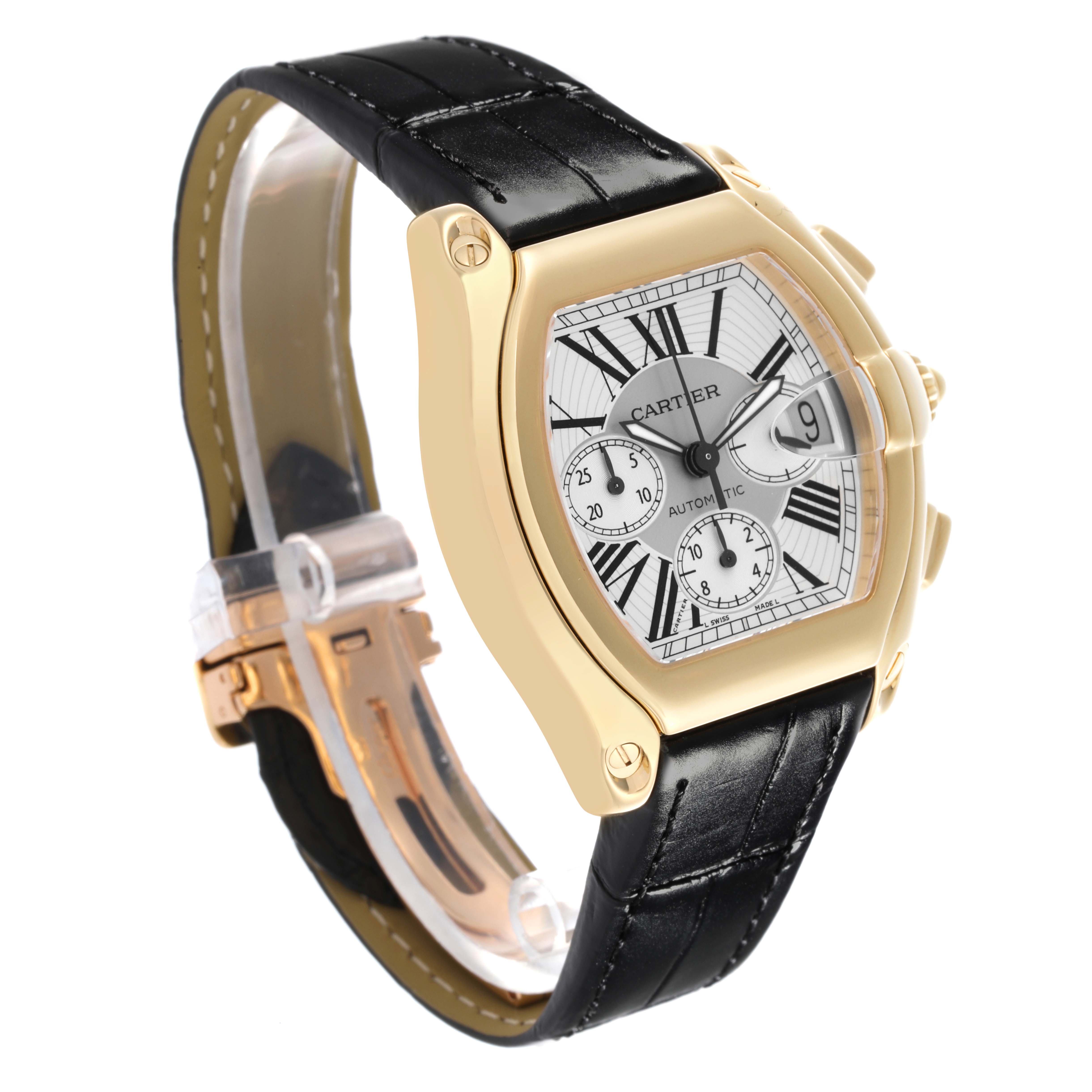 The Cartier Roadster W62021Y3 Men's Yellow Gold Silver Dial W62021Y3 Men's Yellow Gold Silver Dial watch is shown at a three-quarter angle, highlighting the dial, case, and leather strap.