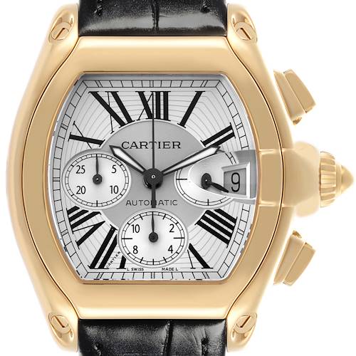 The Cartier Roadster watch is shown from a front angle, highlighting its dial, chronograph subdials, and date window.