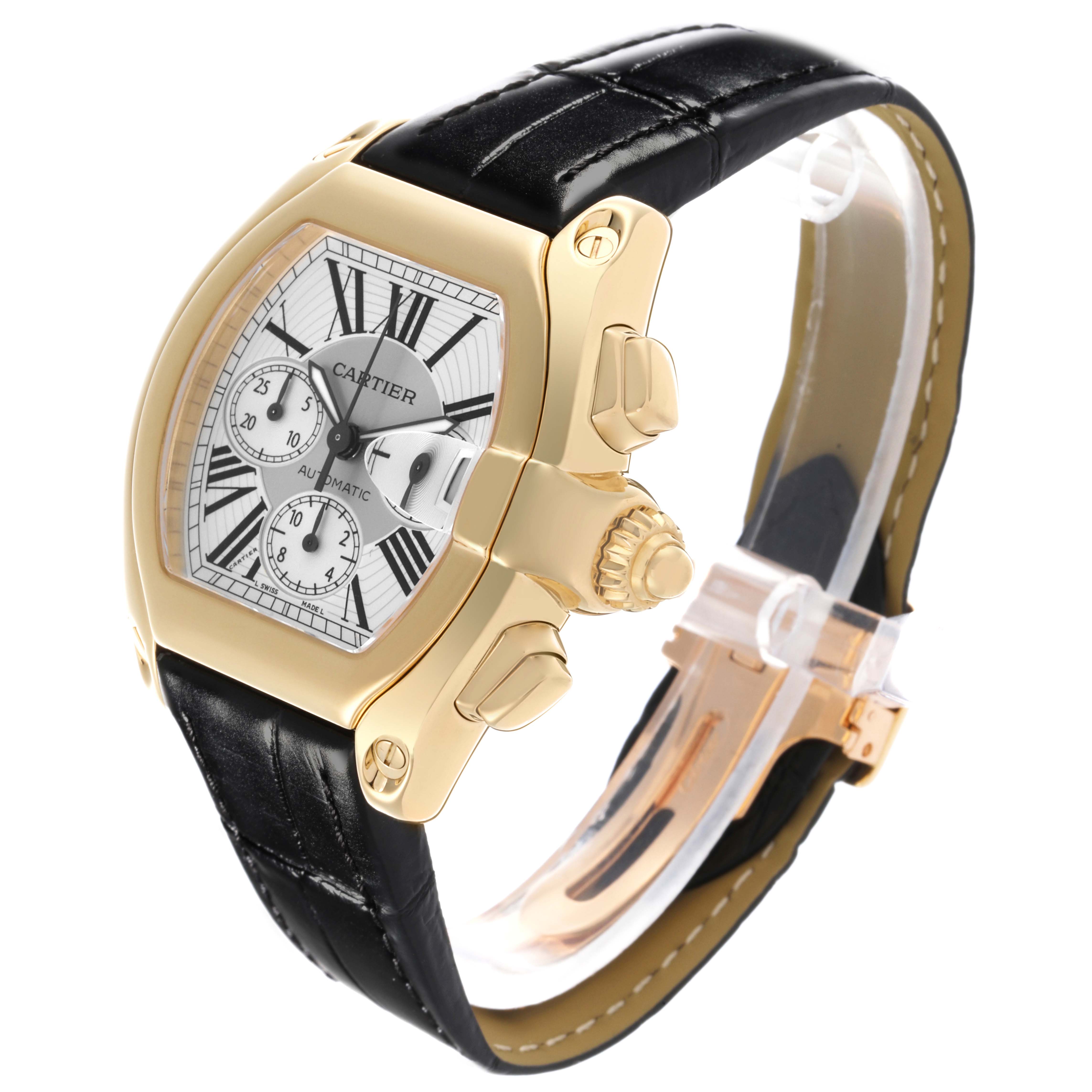 The Cartier Roadster W62021Y3 Men's Yellow Gold Silver Dial W62021Y3 Men's Yellow Gold Silver Dial watch is shown at a side angle, highlighting the case, crown, dial, and leather strap.