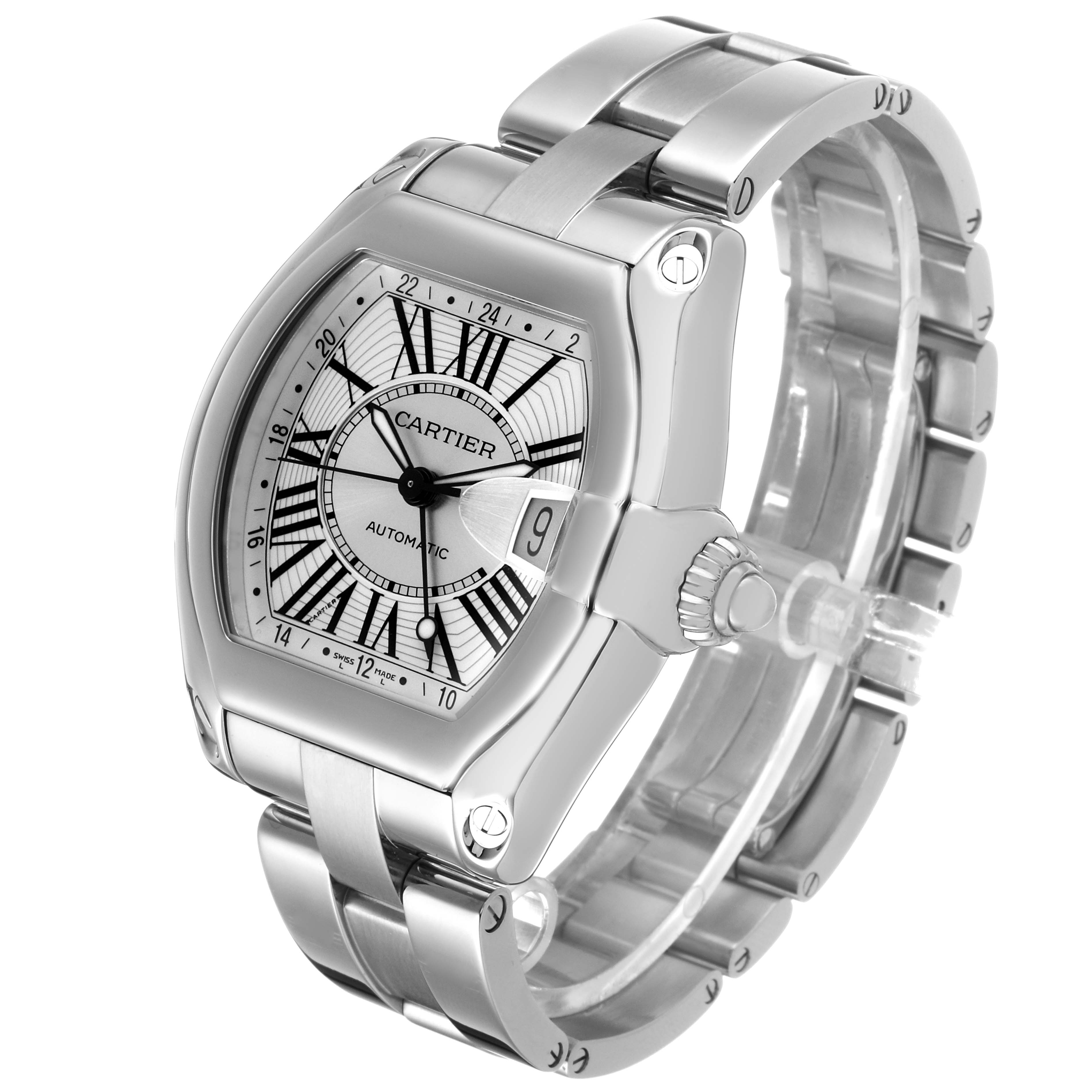 The Cartier Roadster W62032X6 Women's Stainless Steel Silver Dial watch is shown at a slight side angle, displaying the face, date window, crown, and metal bracelet.