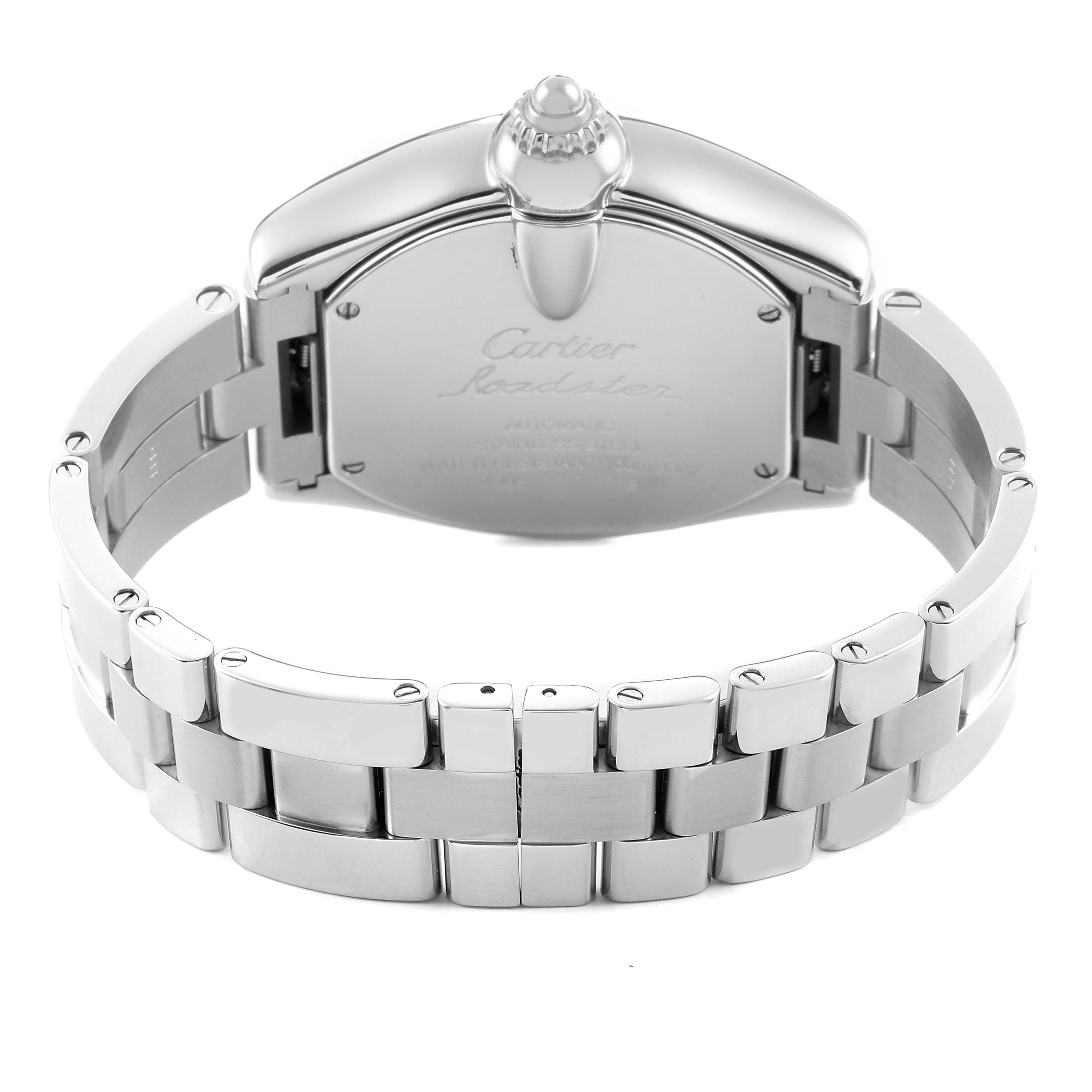 The Cartier Roadster W62032X6 Women's Stainless Steel Silver Dial watch is shown from the back, highlighting the case back and metal bracelet.