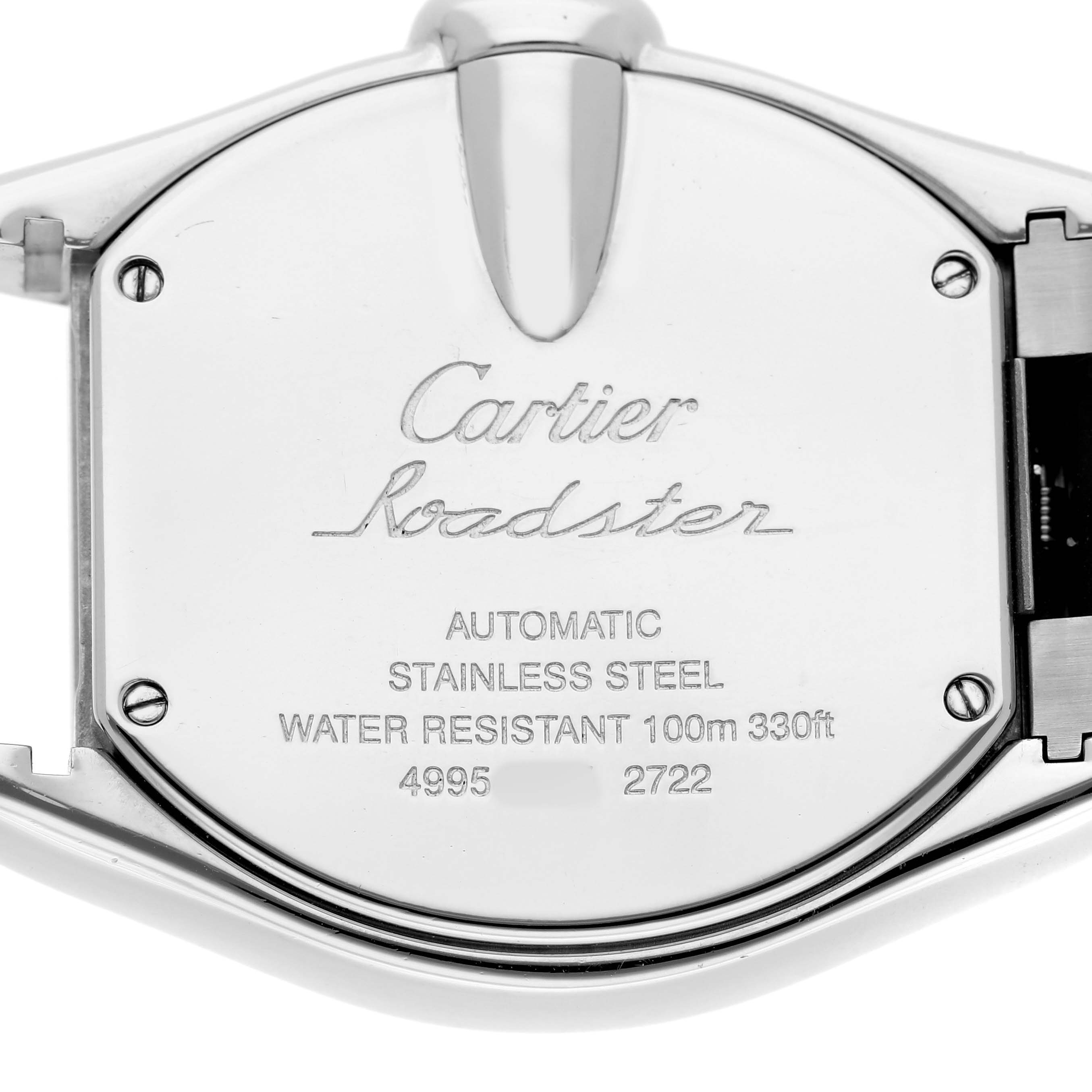 The image shows the back case of the Cartier Roadster W62032X6 Women's Stainless Steel Silver Dial watch, emphasizing markings and features like water resistance and material.