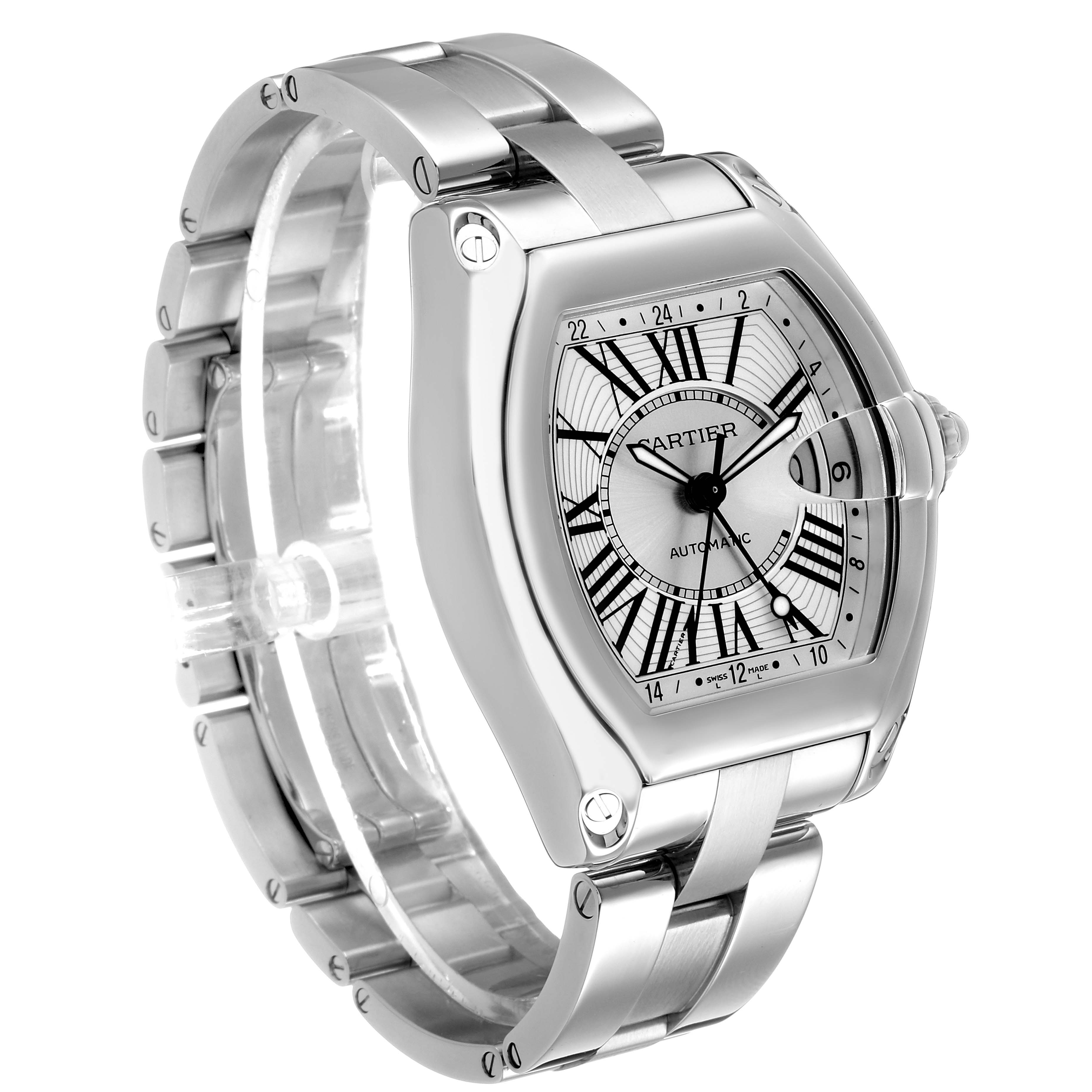 The Cartier Roadster W62032X6 Women's Stainless Steel Silver Dial watch is shown at an angled side view, highlighting its dial, bezel, and bracelet.