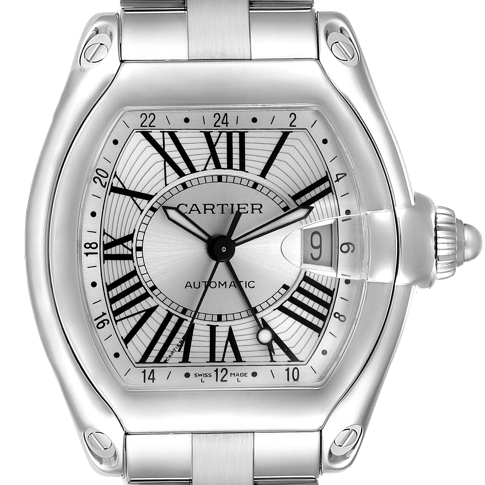 The Cartier Roadster W62032X6 Women's Stainless Steel Silver Dial watch is shown from the front, displaying its dial, hands, case, and part of the bracelet.