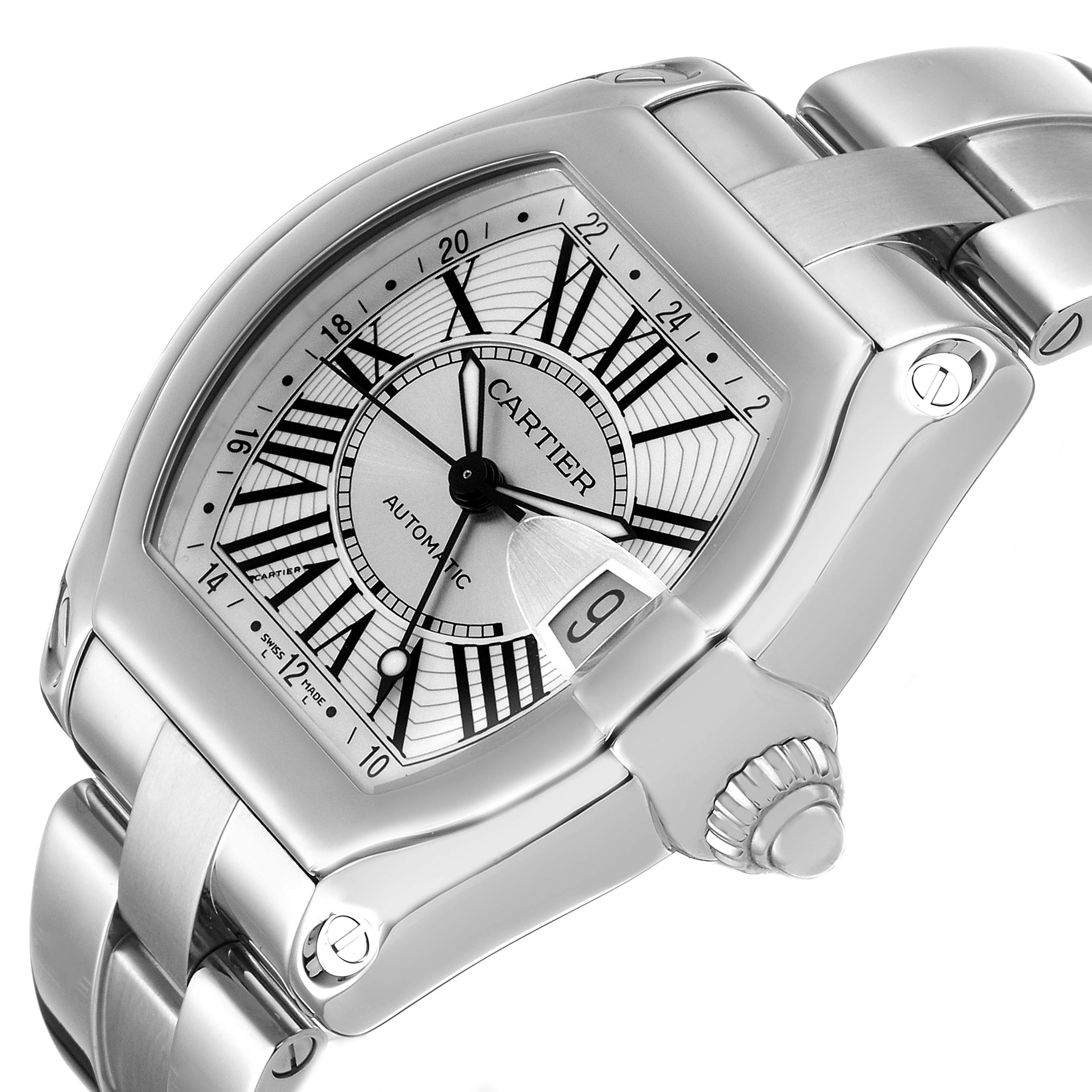 The Cartier Roadster W62032X6 Women's Stainless Steel Silver Dial watch is shown at an angled view highlighting the face, bezel, crown, and part of the bracelet.