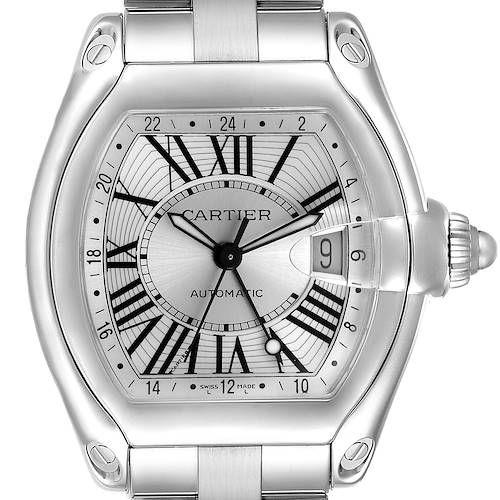 The Cartier Roadster W62032X6 Women's Stainless Steel Silver Dial watch is shown from a front angle, highlighting the dial, Roman numerals, and date window.