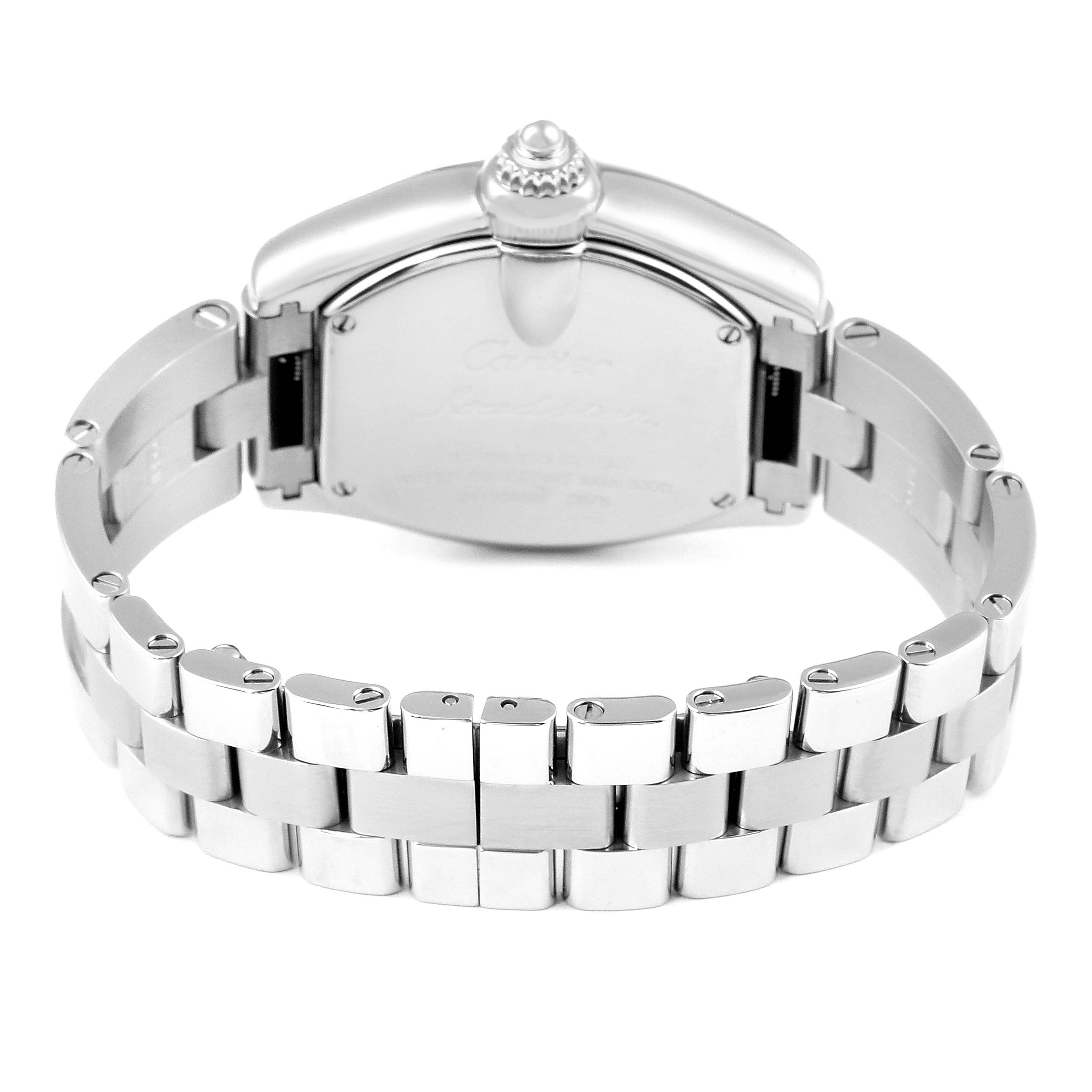 This image shows the back view of the Cartier Roadster W62017V3 Women
s Stainless Steel Pink Dial W62017V3 Women
s Stainless Steel Pink Dial watch, focusing on the case and the stainless steel bracelet.