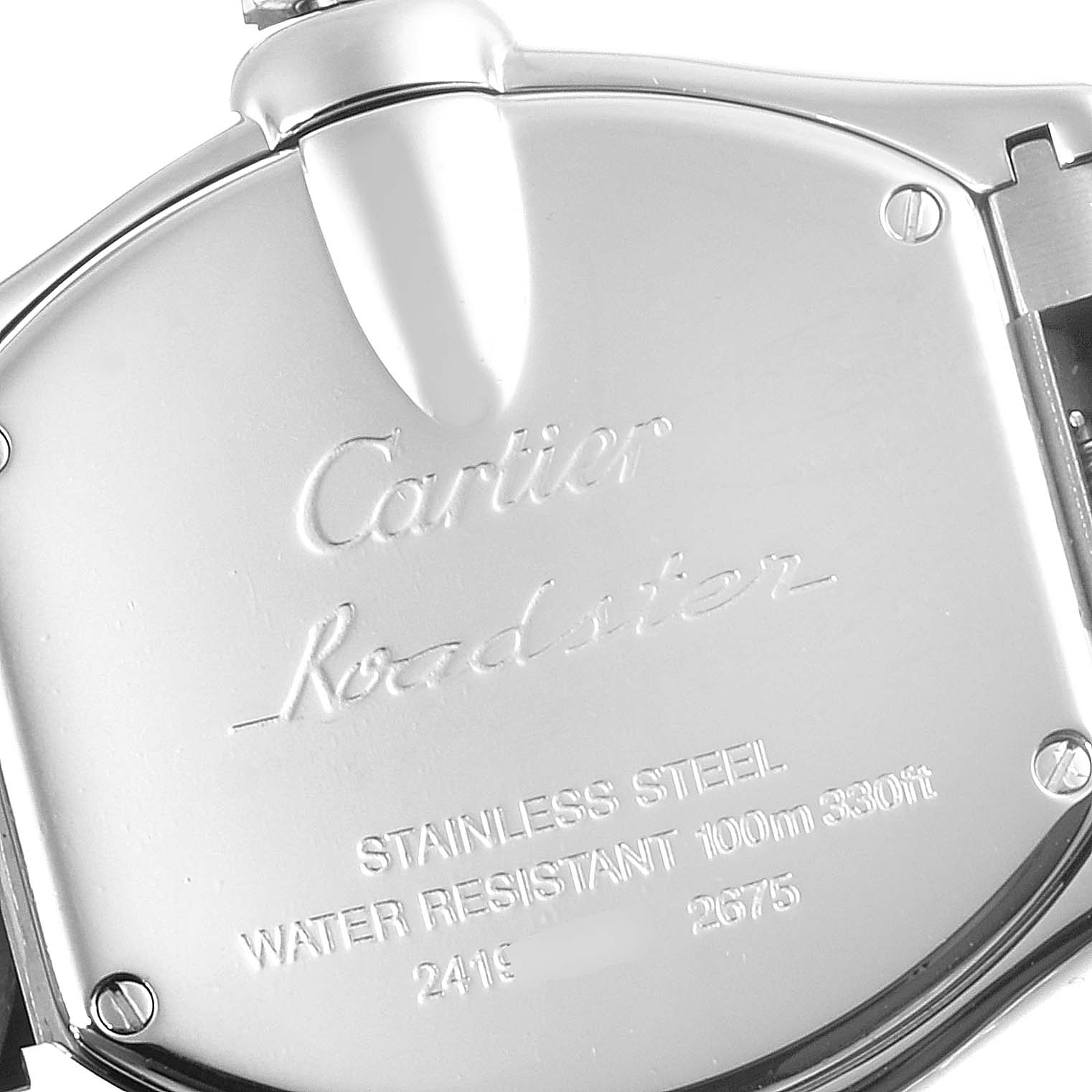 The image shows the back case of a Cartier Roadster W62017V3 Women
s Stainless Steel Pink Dial W62017V3 Women
s Stainless Steel Pink Dial watch, highlighting the brand, model, and specifications.