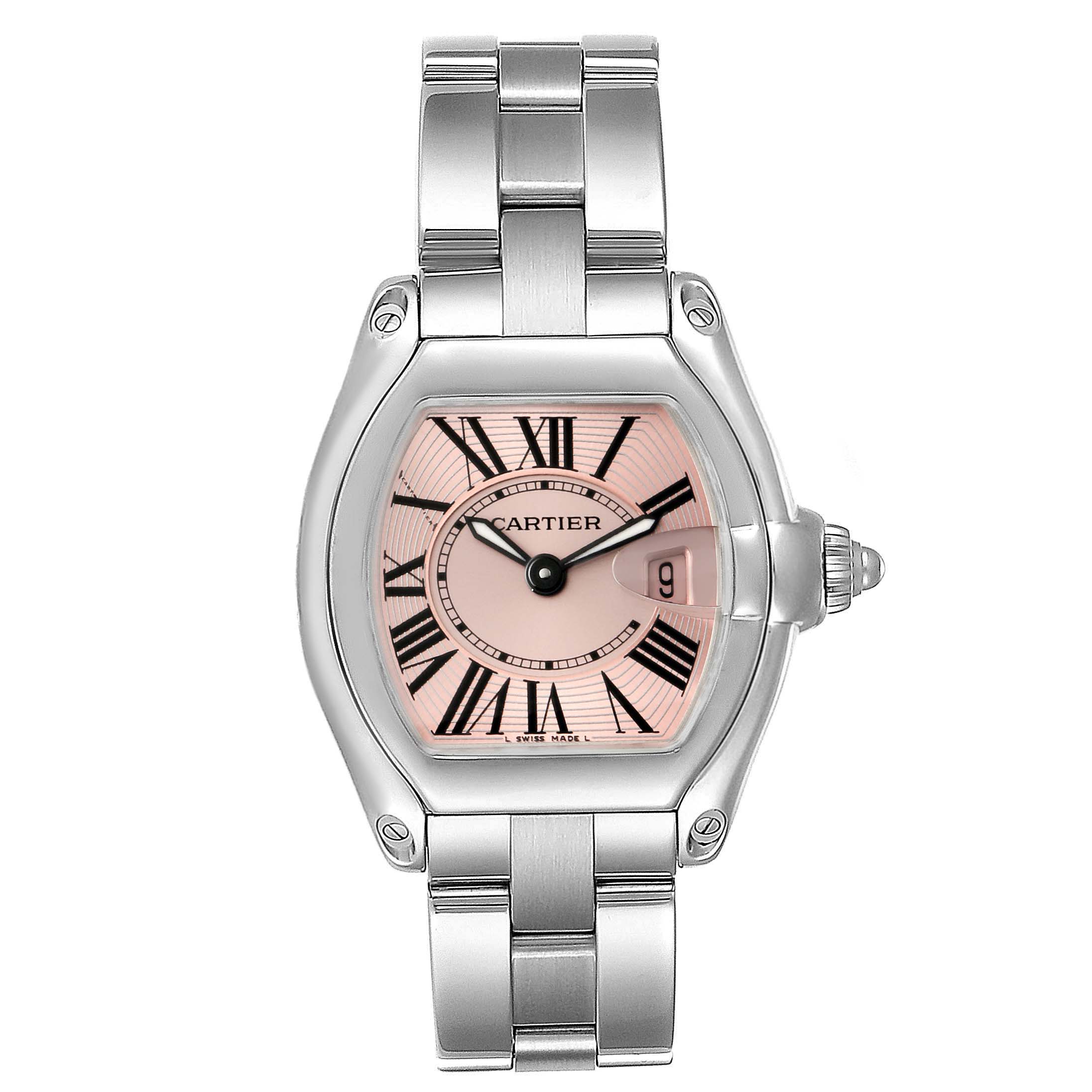 The Cartier Roadster W62017V3 Women
s Stainless Steel Pink Dial W62017V3 Women
s Stainless Steel Pink Dial watch is shown from a top-down view, showcasing the face, bezel, and part of the bracelet.