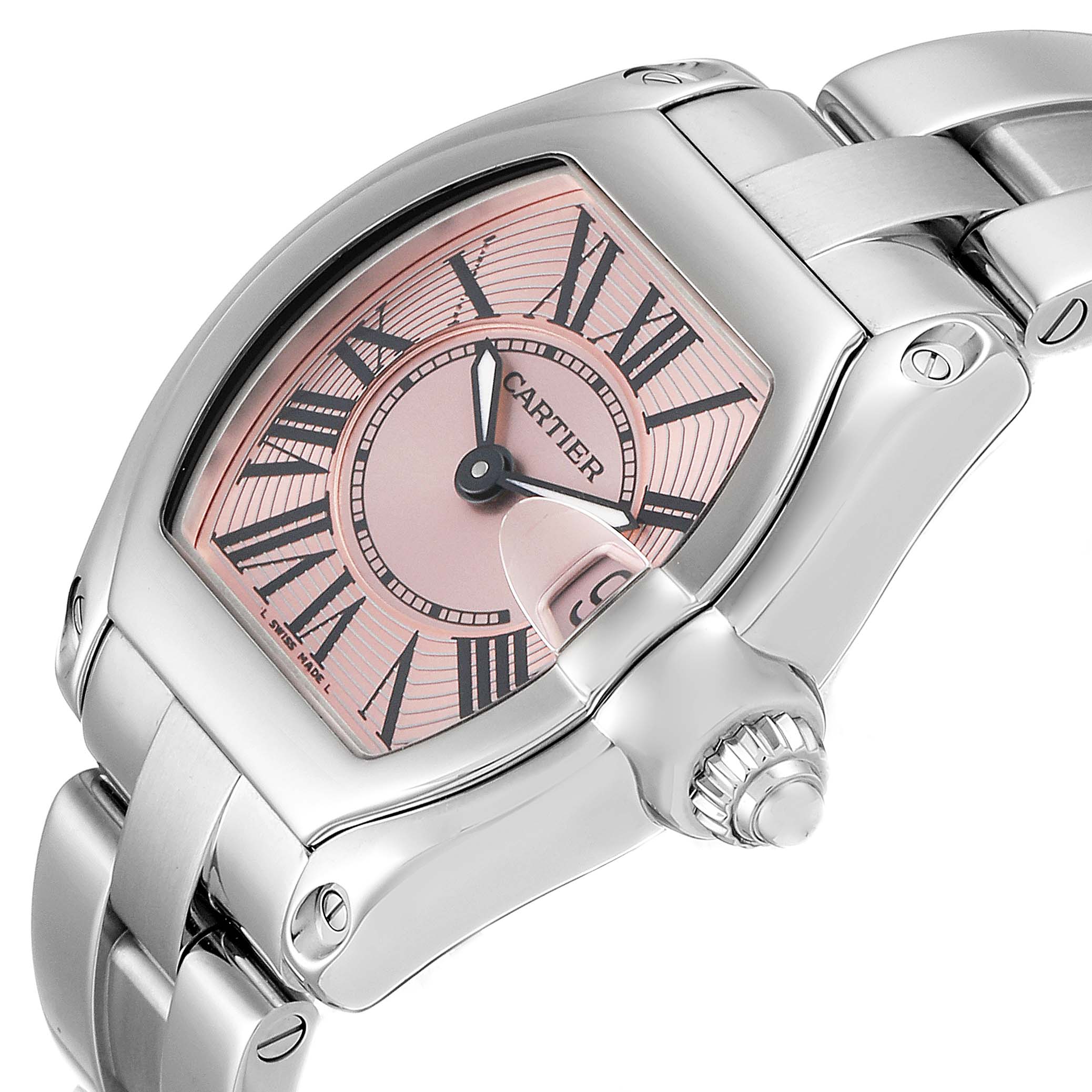 This image shows a close-up angle of the pink dial and bracelet of a Cartier Roadster W62017V3 Women
s Stainless Steel Pink Dial W62017V3 Women
s Stainless Steel Pink Dial watch.