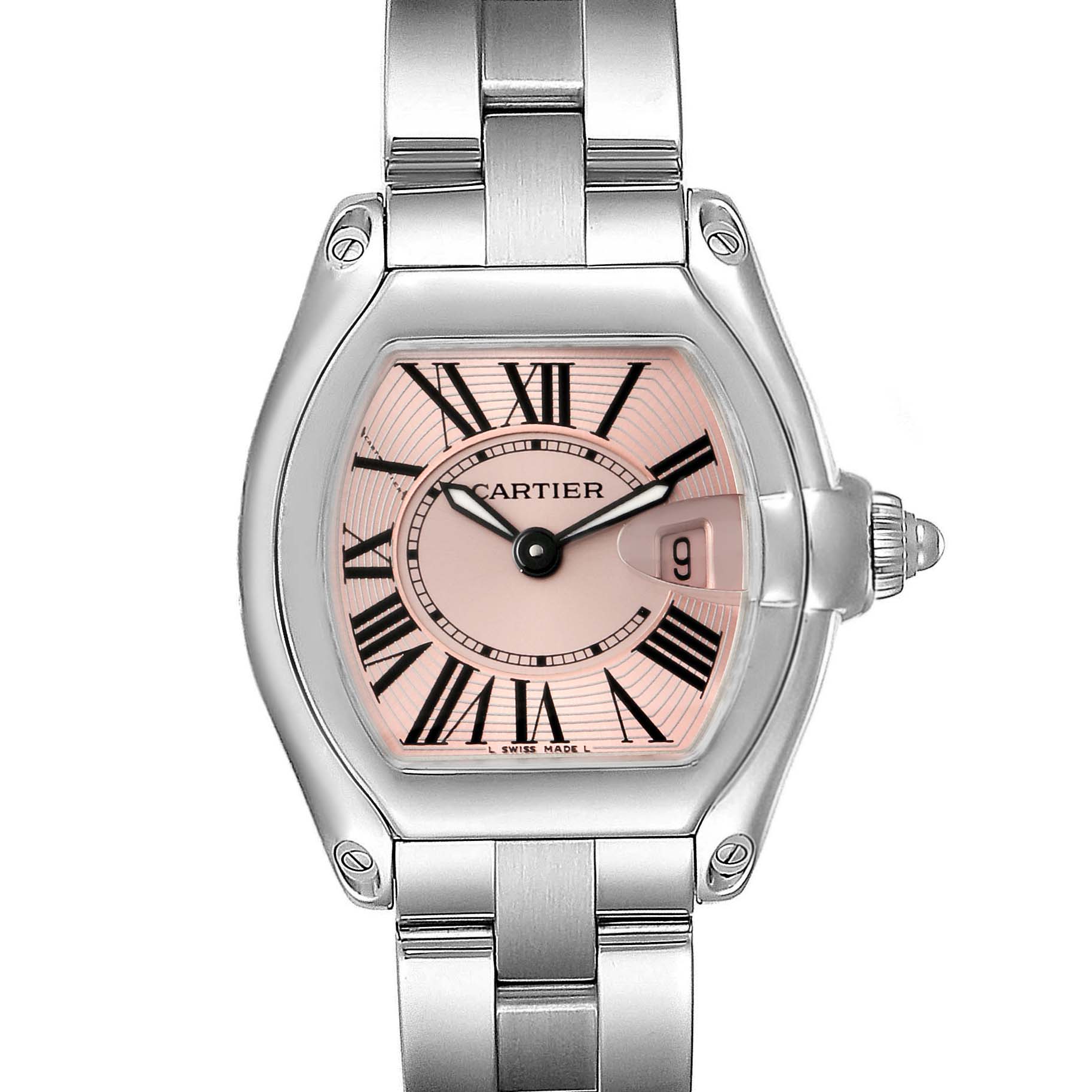 This image shows a front view of the Cartier Roadster W62017V3 Women
s Stainless Steel Pink Dial W62017V3 Women
s Stainless Steel Pink Dial watch, highlighting its face, hands, and bracelet.