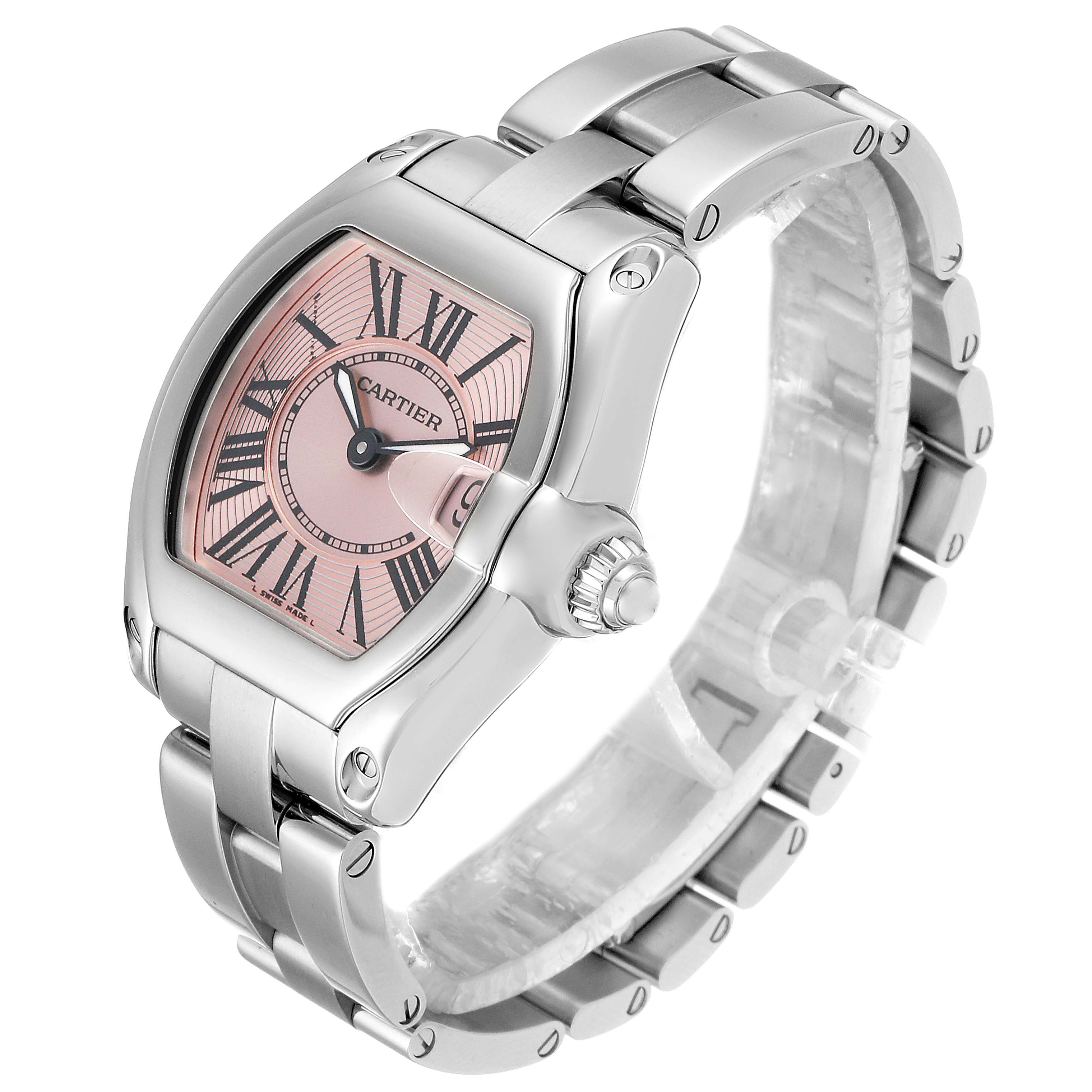 The Cartier Roadster W62017V3 Women
s Stainless Steel Pink Dial W62017V3 Women
s Stainless Steel Pink Dial watch is shown at a three-quarter angle, displaying the face, crown, and bracelet.
