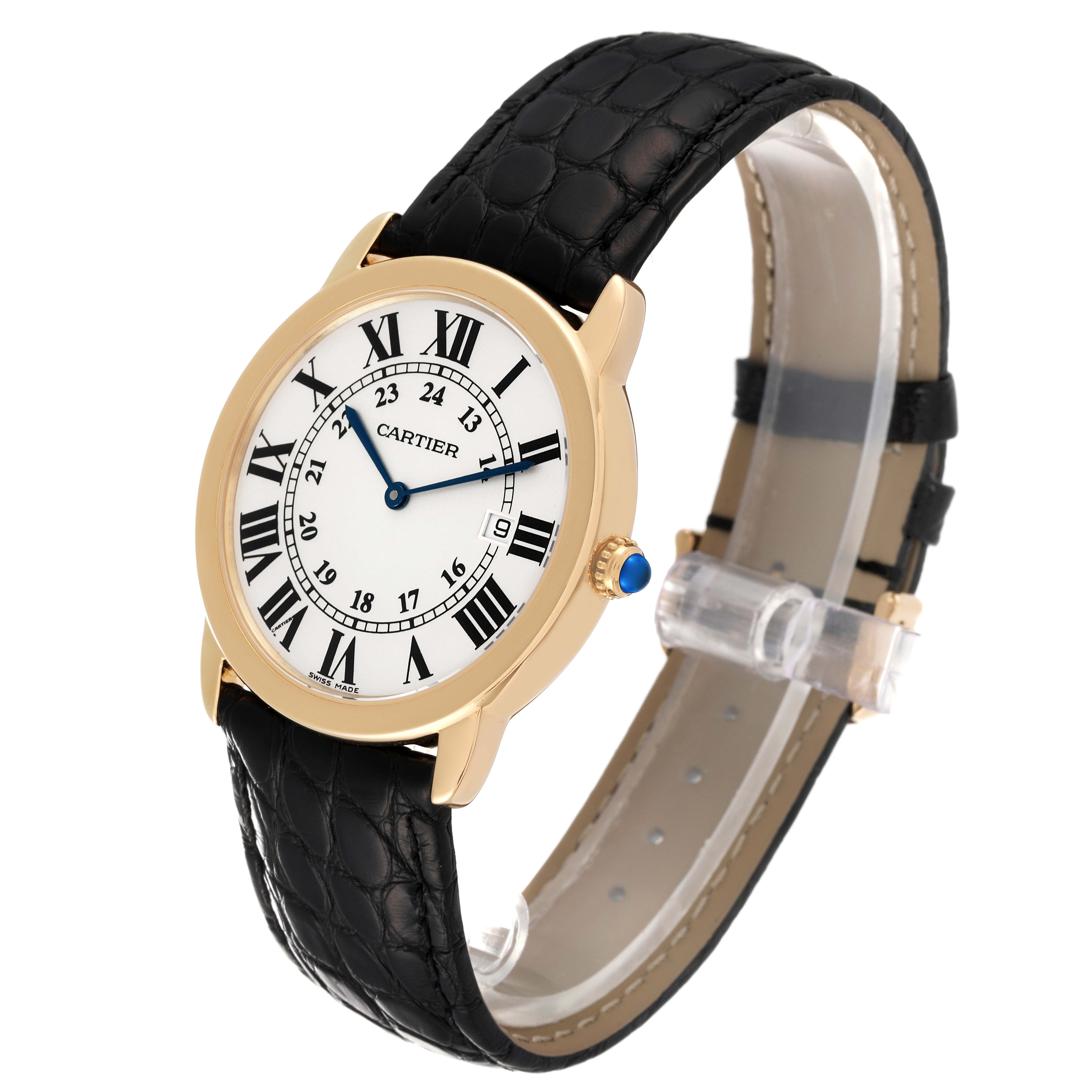 The image shows a Cartier Ronde W6700455 Men
s Yellow Gold Silver Dial W6700455 Men
s Yellow Gold Silver Dial watch from a front angle, highlighting its face, bezel, crown, and leather strap.