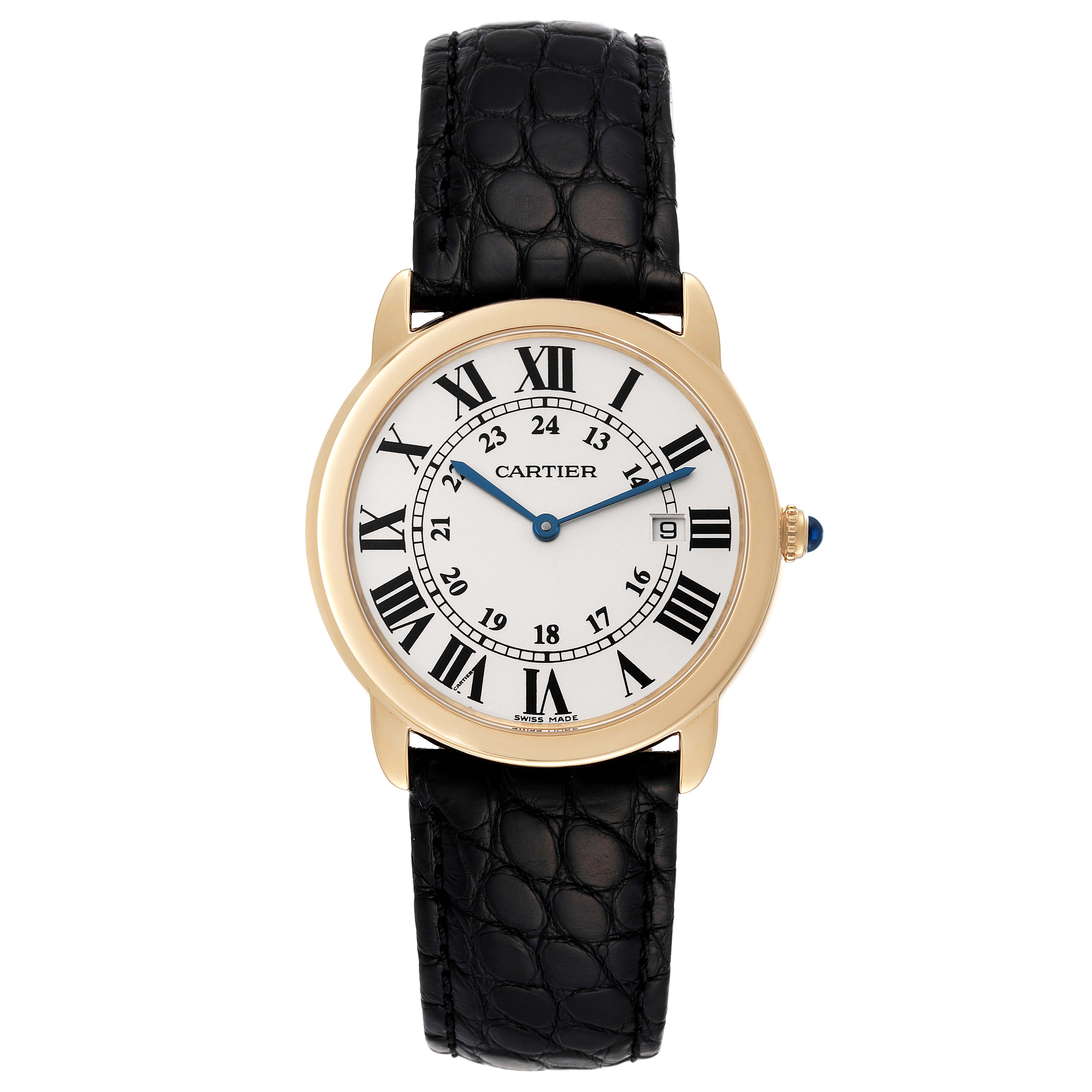 The image shows a front view of the Cartier Ronde W6700455 Men
s Yellow Gold Silver Dial W6700455 Men
s Yellow Gold Silver Dial watch, highlighting its dial, hands, and black leather strap.