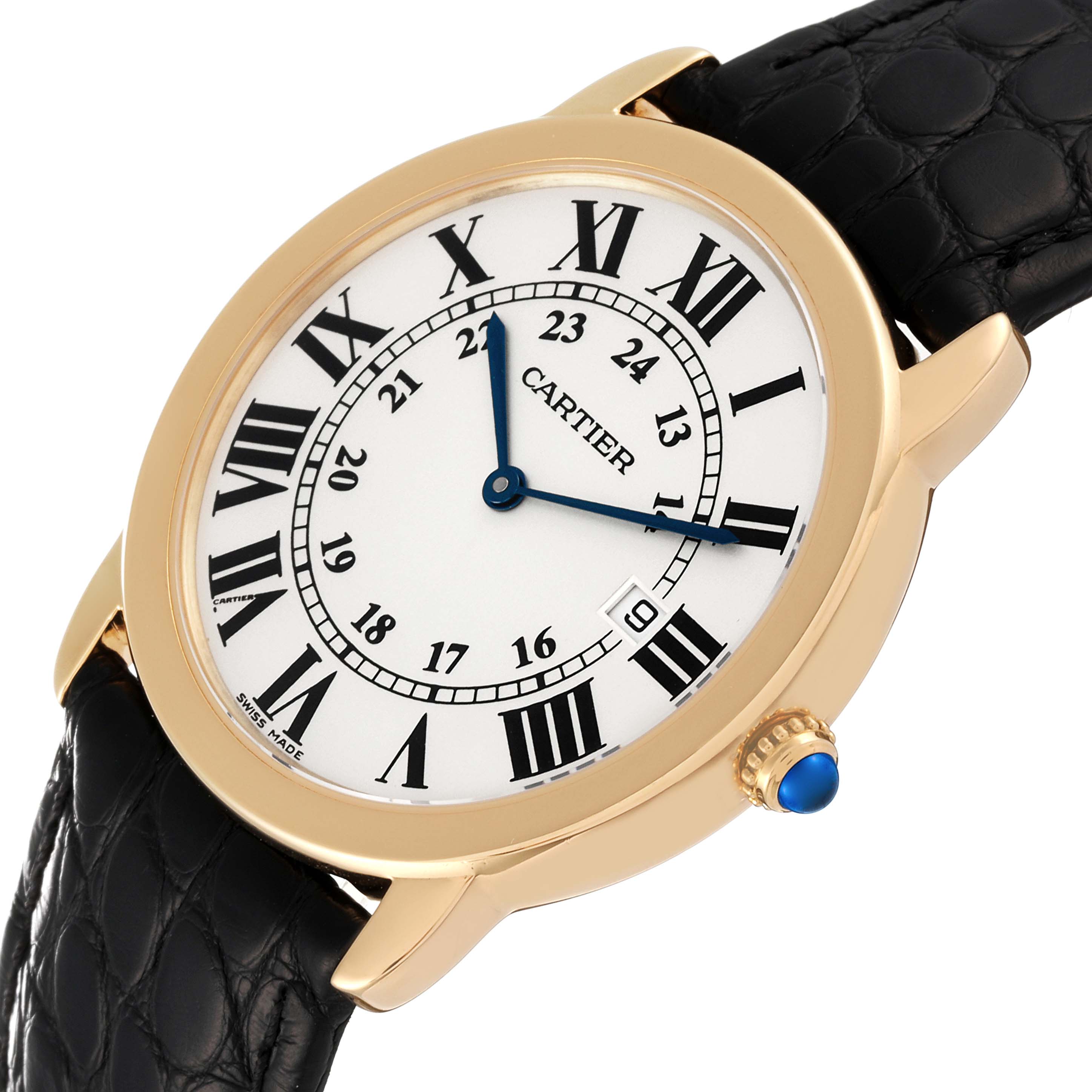 The image shows a close-up of the Cartier Ronde W6700455 Men
s Yellow Gold Silver Dial W6700455 Men
s Yellow Gold Silver Dial model watch, displaying the face, bezel, crown, and part of the strap.