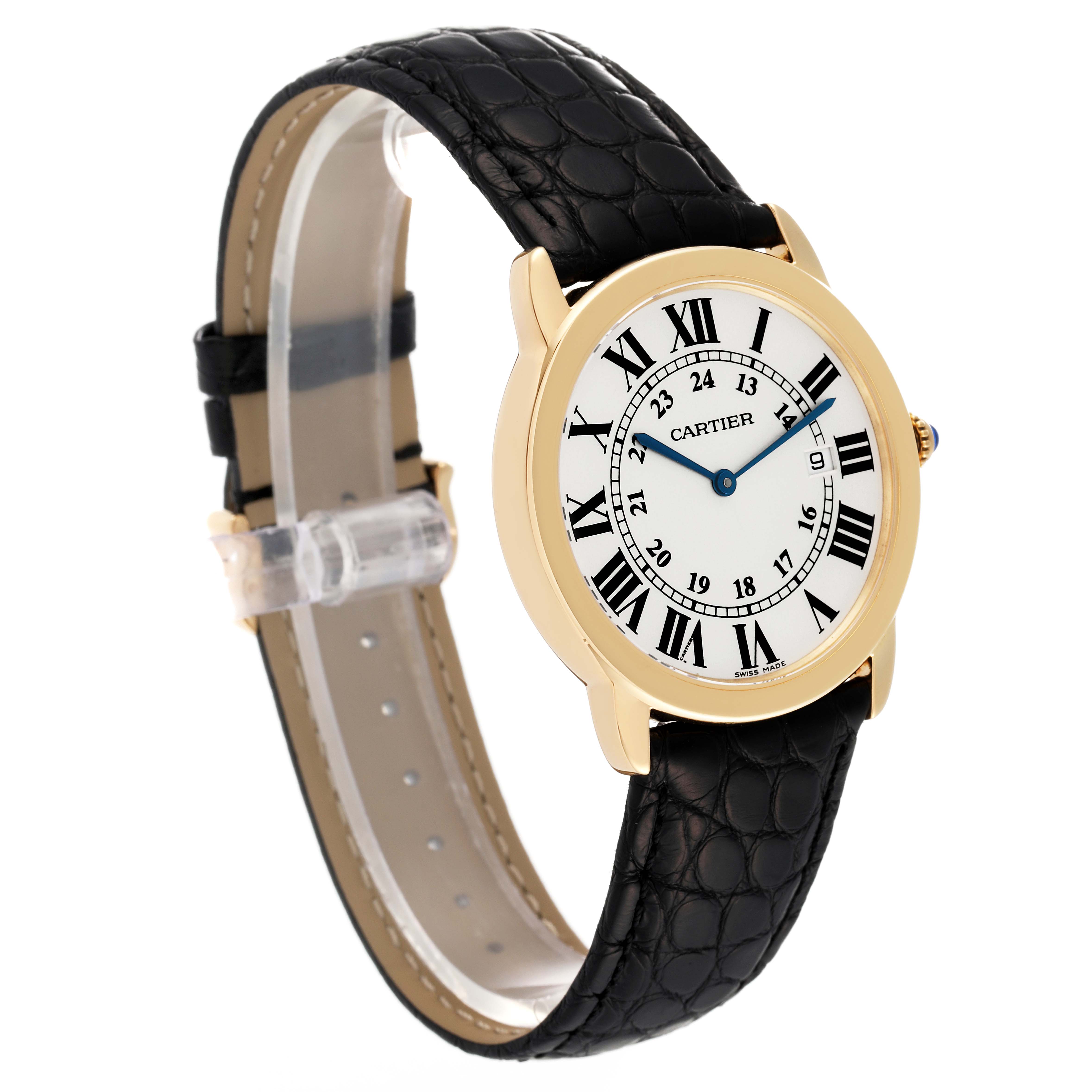 The Ronde model by Cartier is shown at a front-left angle, displaying the watch face, bezel, and black leather strap.