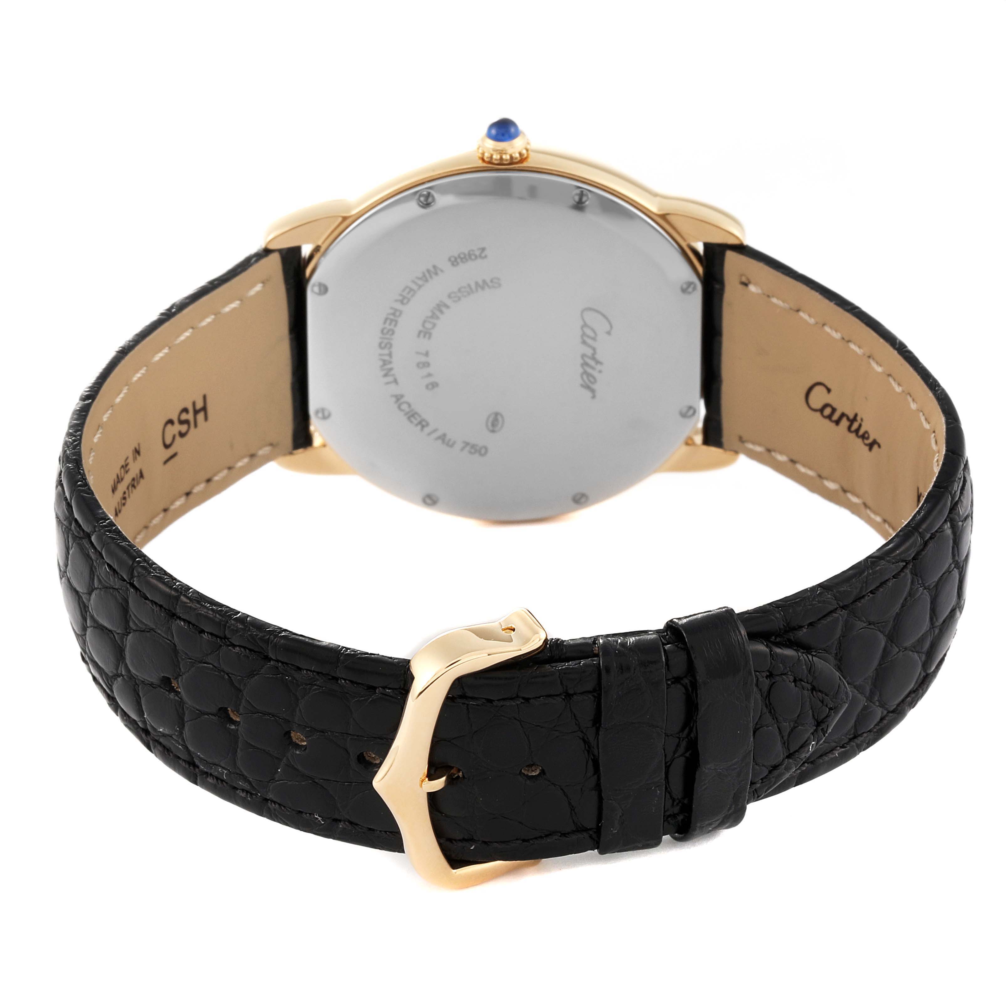 The image shows the back view of the Cartier Ronde W6700455 Men
s Yellow Gold Silver Dial W6700455 Men
s Yellow Gold Silver Dial model watch, highlighting its case back, black leather strap, and buckle.