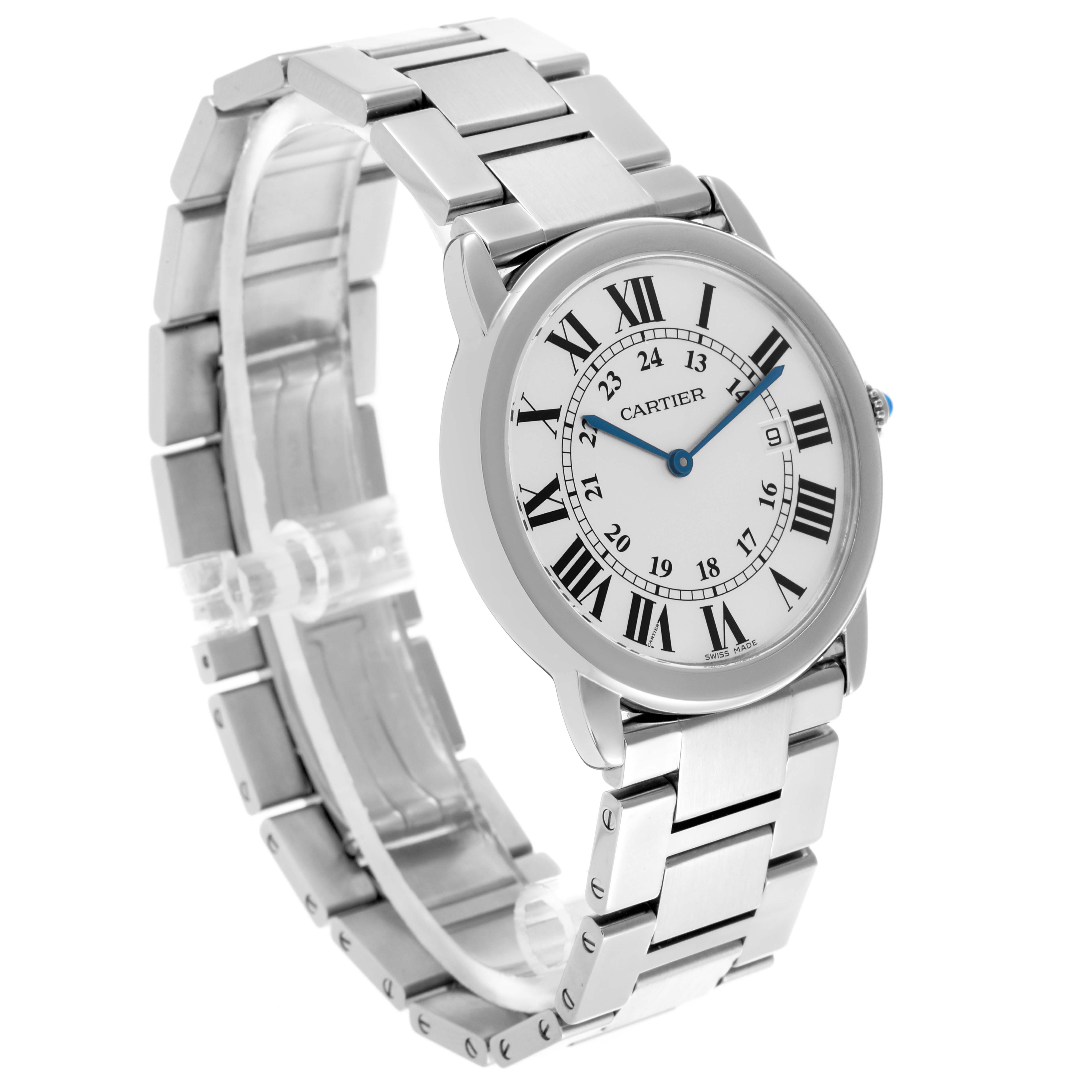 The Cartier Ronde W6701005 Men's Stainless Steel Silver Dial W6701005 Men's Stainless Steel Silver Dial watch is shown at a three-quarter angle, displaying its face, bracelet, and crown.