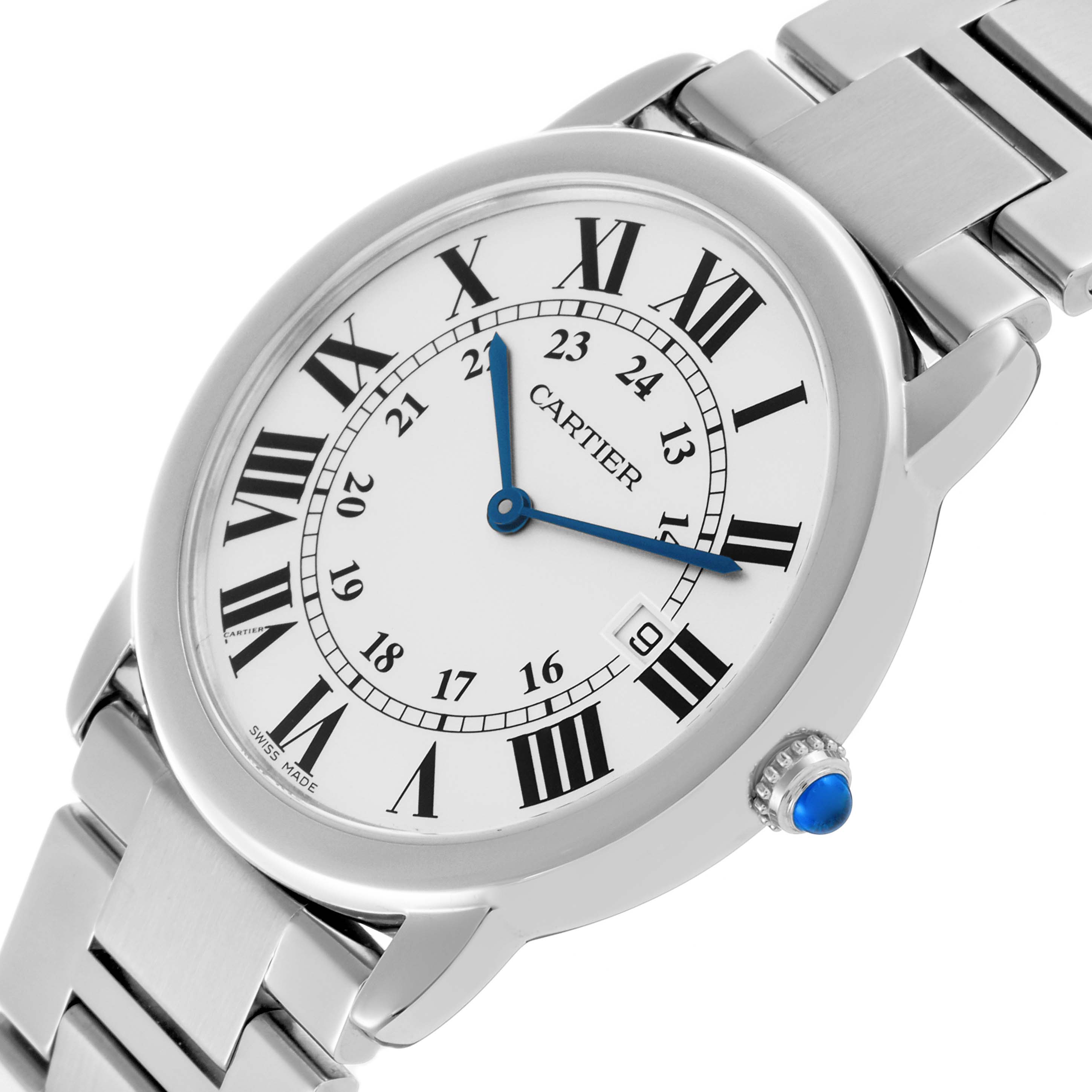 The Cartier Ronde W6701005 Men's Stainless Steel Silver Dial W6701005 Men's Stainless Steel Silver Dial watch is shown at an angle highlighting the face, Roman numerals, date window, and stainless steel bracelet.